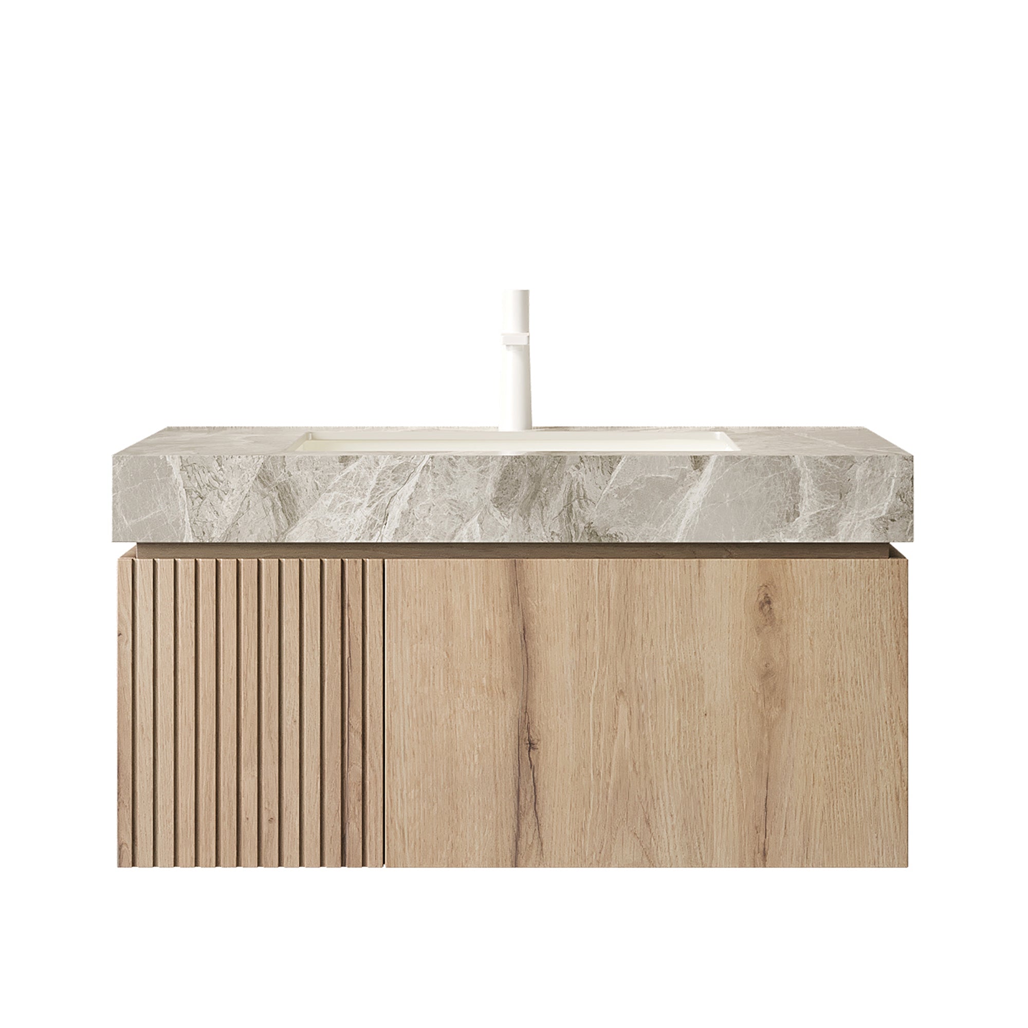 MURI 36" Wall-Mounted Bathroom Vanity with Light Gray Sintered Stone Top & Ceramic Sink, Floating Cabinet with Drawer and Door, Natural Oak Woodgrain, Pre-Assembled