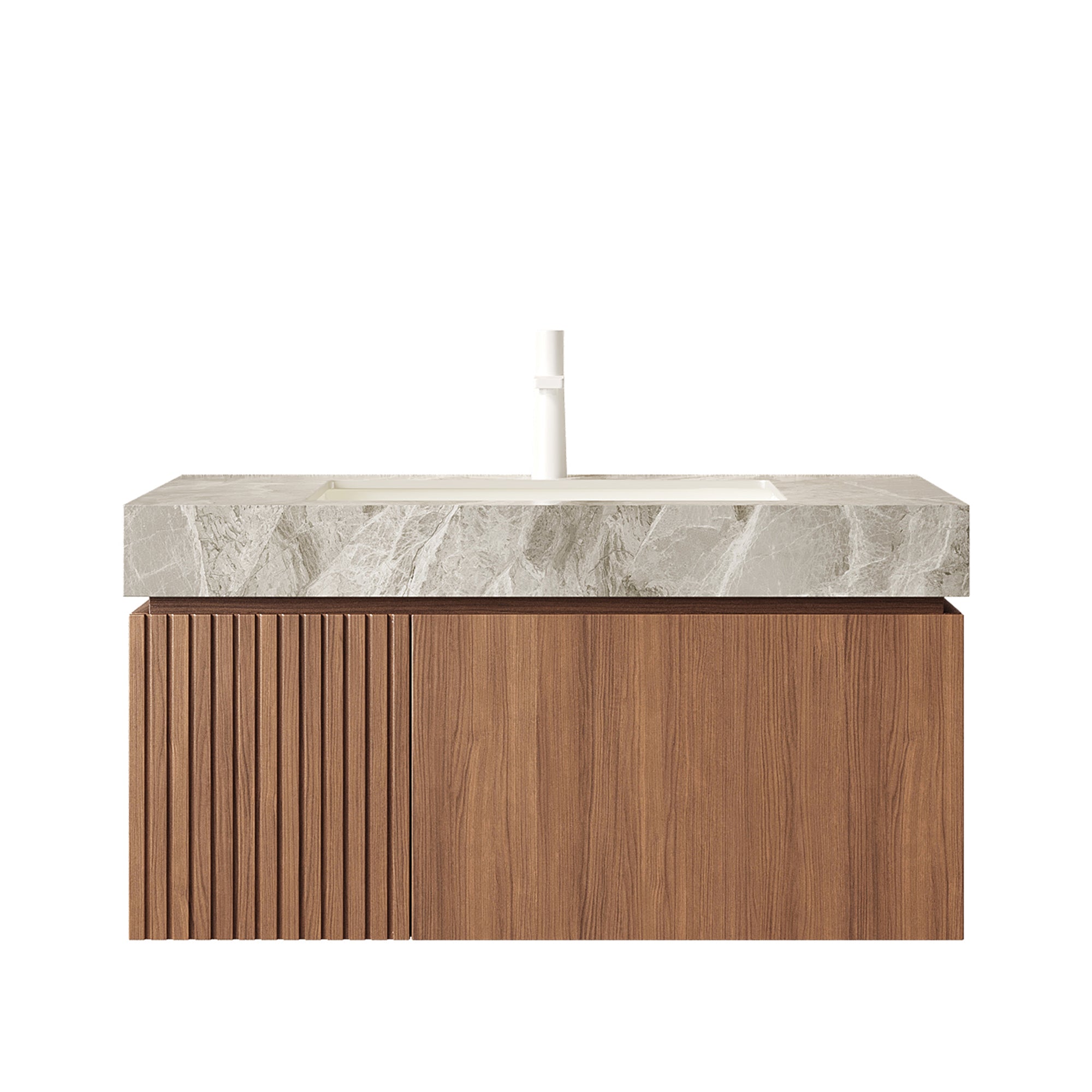 MURI 36" Wall-Mounted Bathroom Vanity with Light Gray Sintered Stone Top & Ceramic Sink, Floating Cabinet with Drawer and Door, Brown Oak Woodgrain, Pre-Assembled