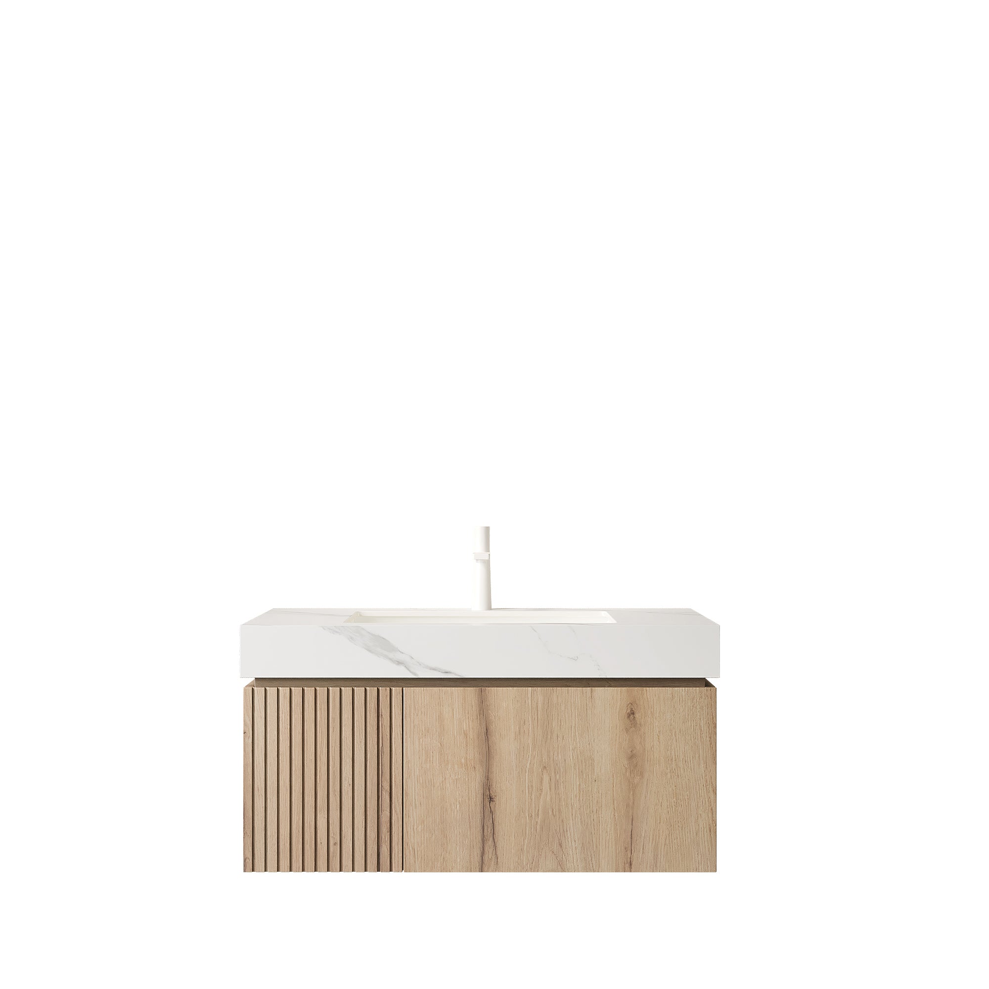 MURI 36" Wall-Mounted Bathroom Vanity with White Sintered Stone Top & Ceramic Sink, Floating Cabinet with Drawer and Door, Natural Oak Woodgrain, Pre-Assembled