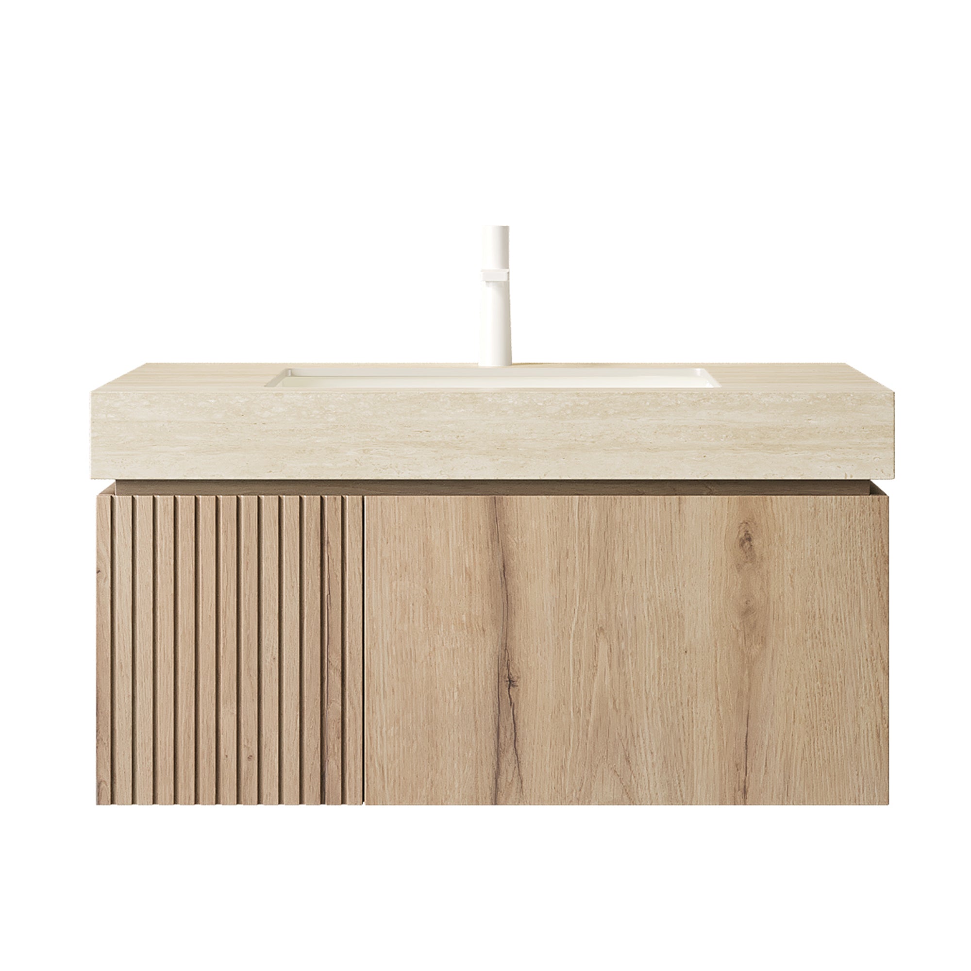 MURI 36" Wall-Mounted Bathroom Vanity with Travertine-Pattern Sintered Stone Top & Ceramic Sink, Floating Cabinet with Drawer and Door, Natural Oak Woodgrain, Pre-Assembled