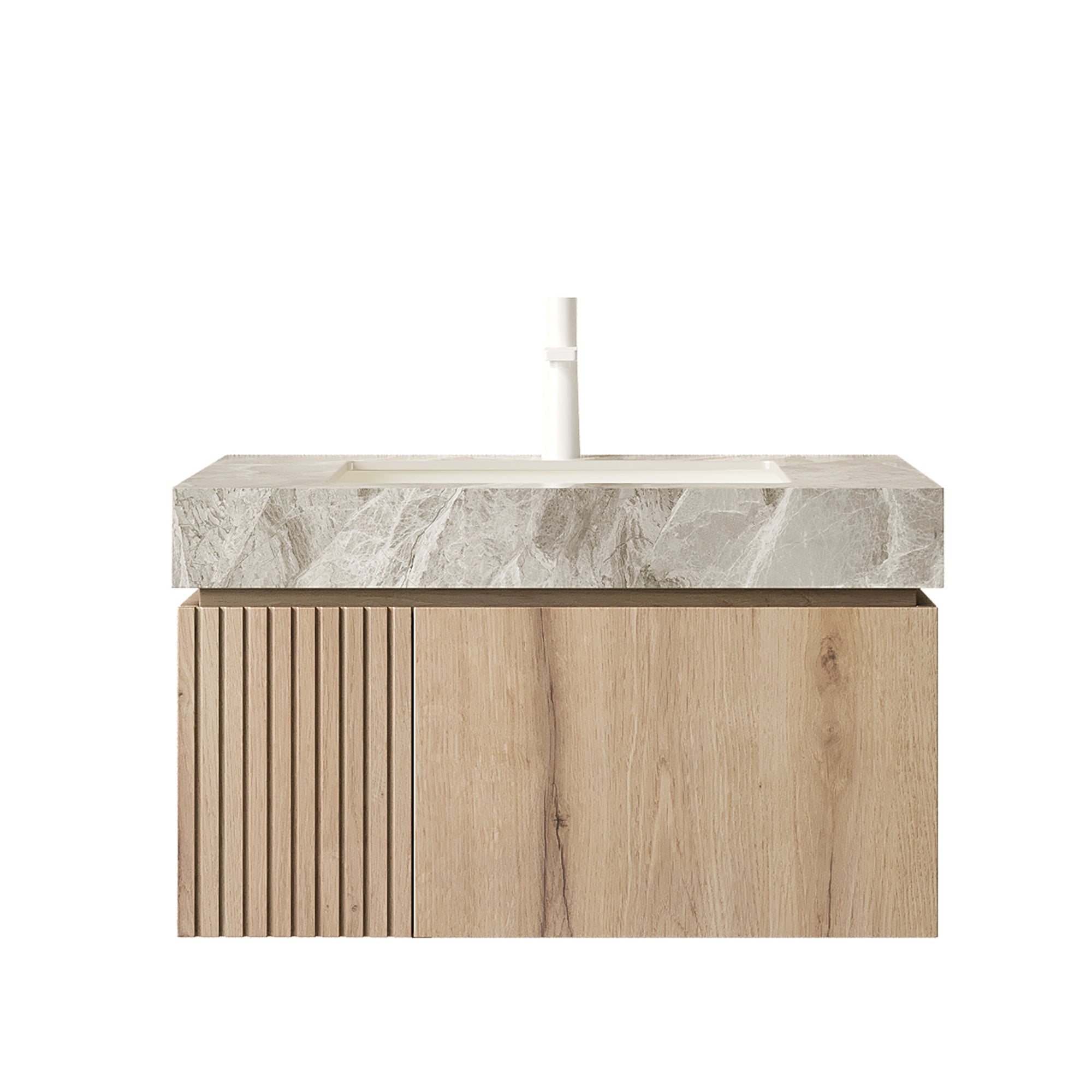 MURI 30" Wall-Mounted Bathroom Vanity with Light Gray Sintered Stone Top & Ceramic Sink, Floating Cabinet with Drawer and Door, Natural Oak Woodgrain, Pre-Assembled