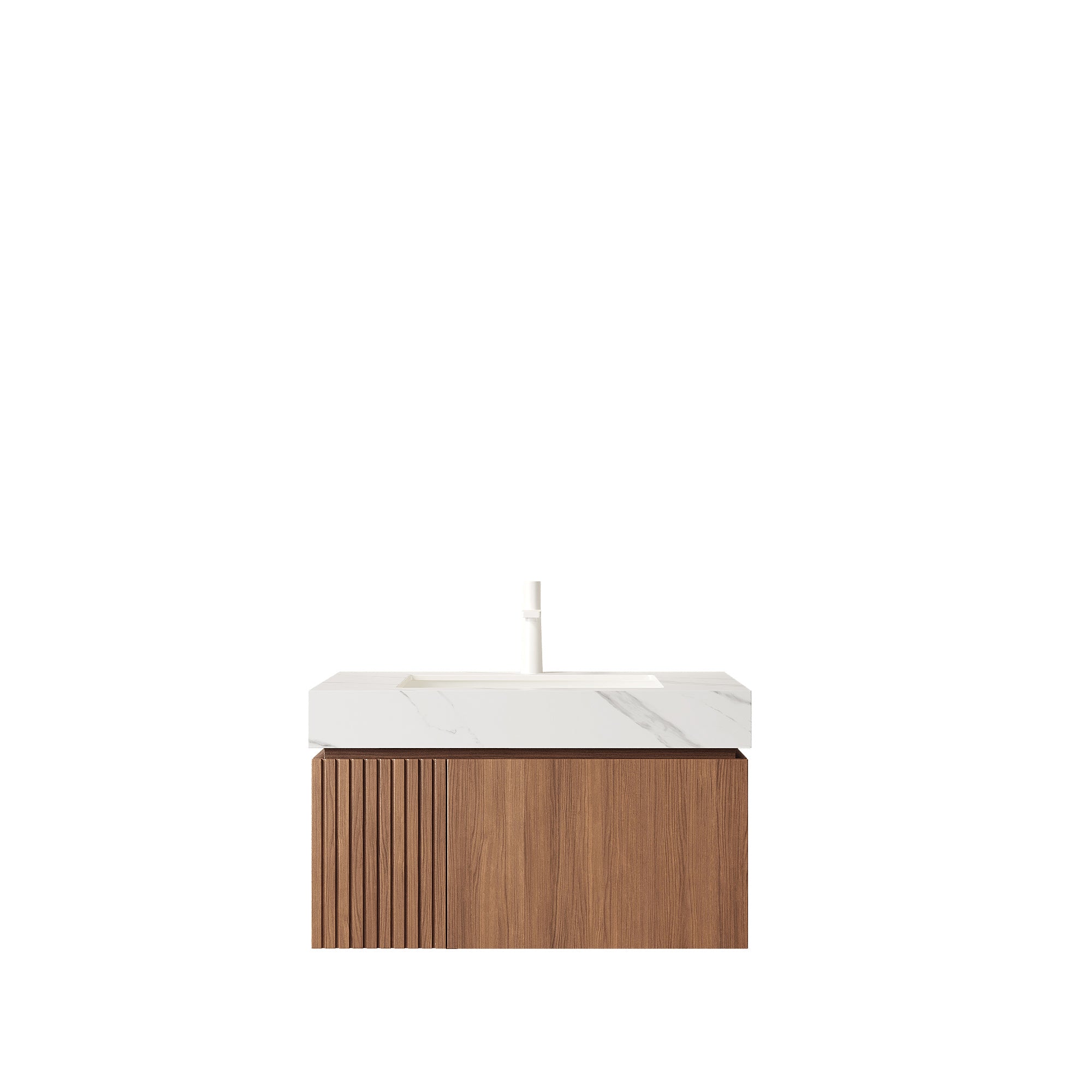 MURI 30" Wall-Mounted Bathroom Vanity with White Sintered Stone Top & Ceramic Sink, Floating Cabinet with Drawer and Door, Brown Oak Woodgrain, Pre-Assembled