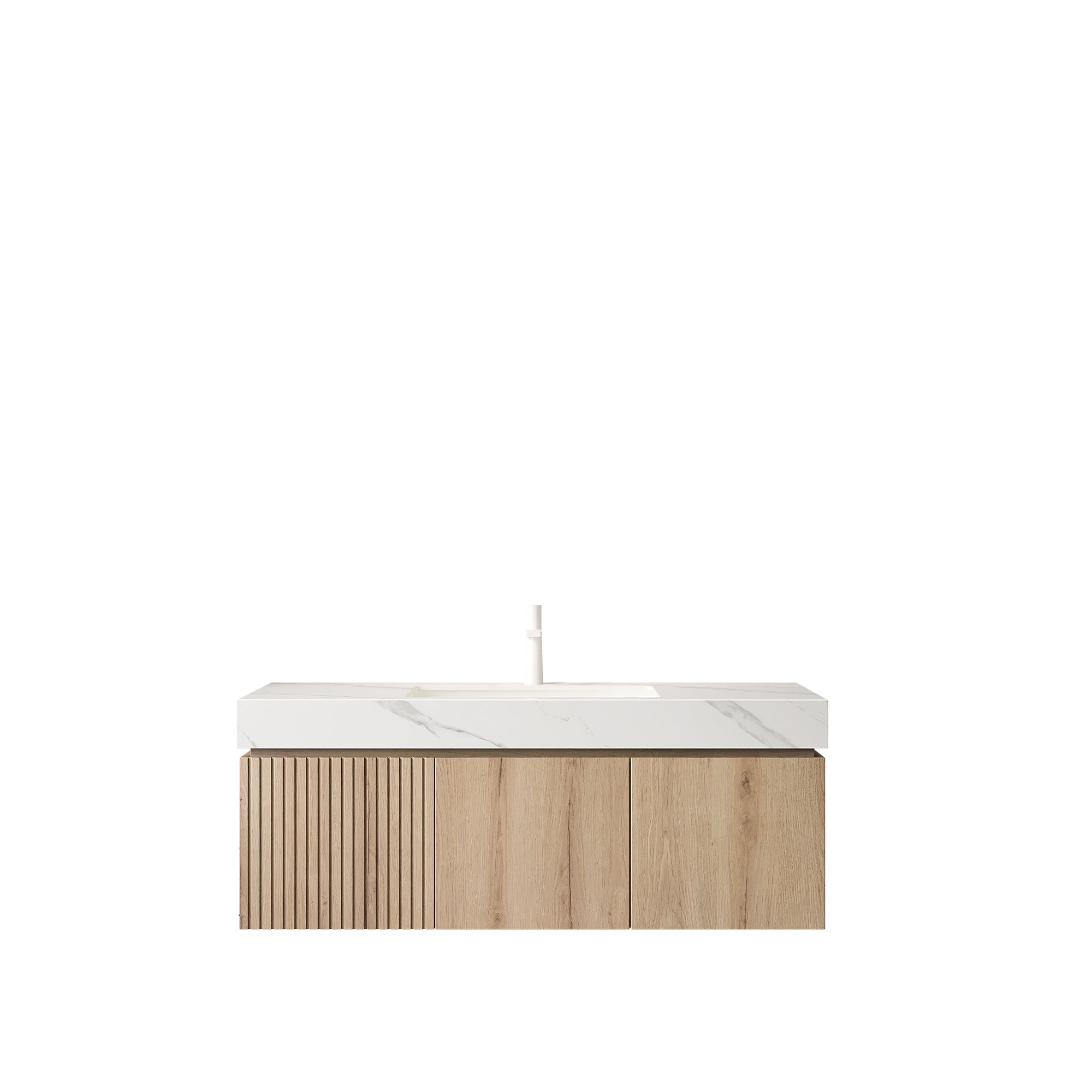 MURI 48" Wall-Mounted Bathroom Vanity with White Sintered Stone Top & Ceramic Sink, Floating Cabinet with Drawer and Door, Natural Oak Woodgrain, Pre-Assembled