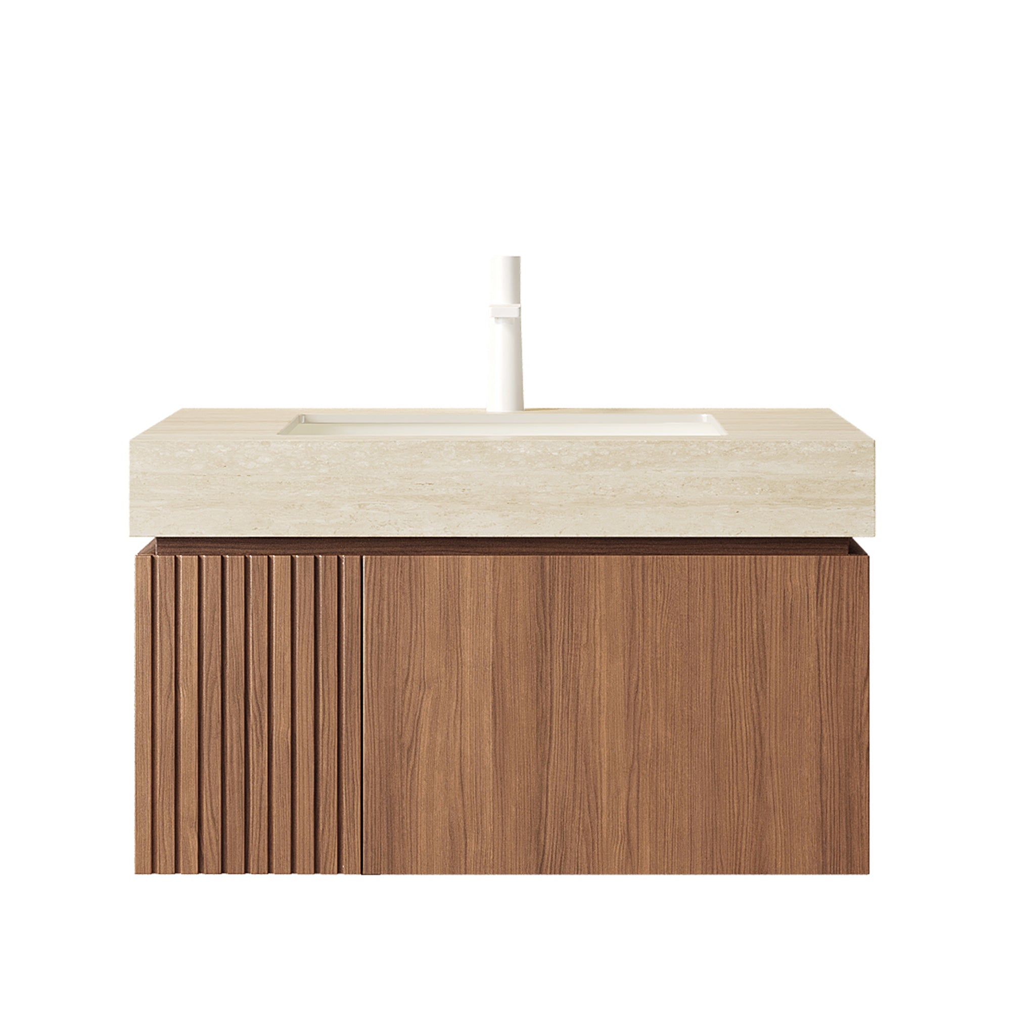 MURI 30" Wall-Mounted Bathroom Vanity with Travertine-Pattern Sintered Stone Top & Ceramic Sink, Floating Cabinet with Drawer and Door, Brown Oak Woodgrain, Pre-Assembled