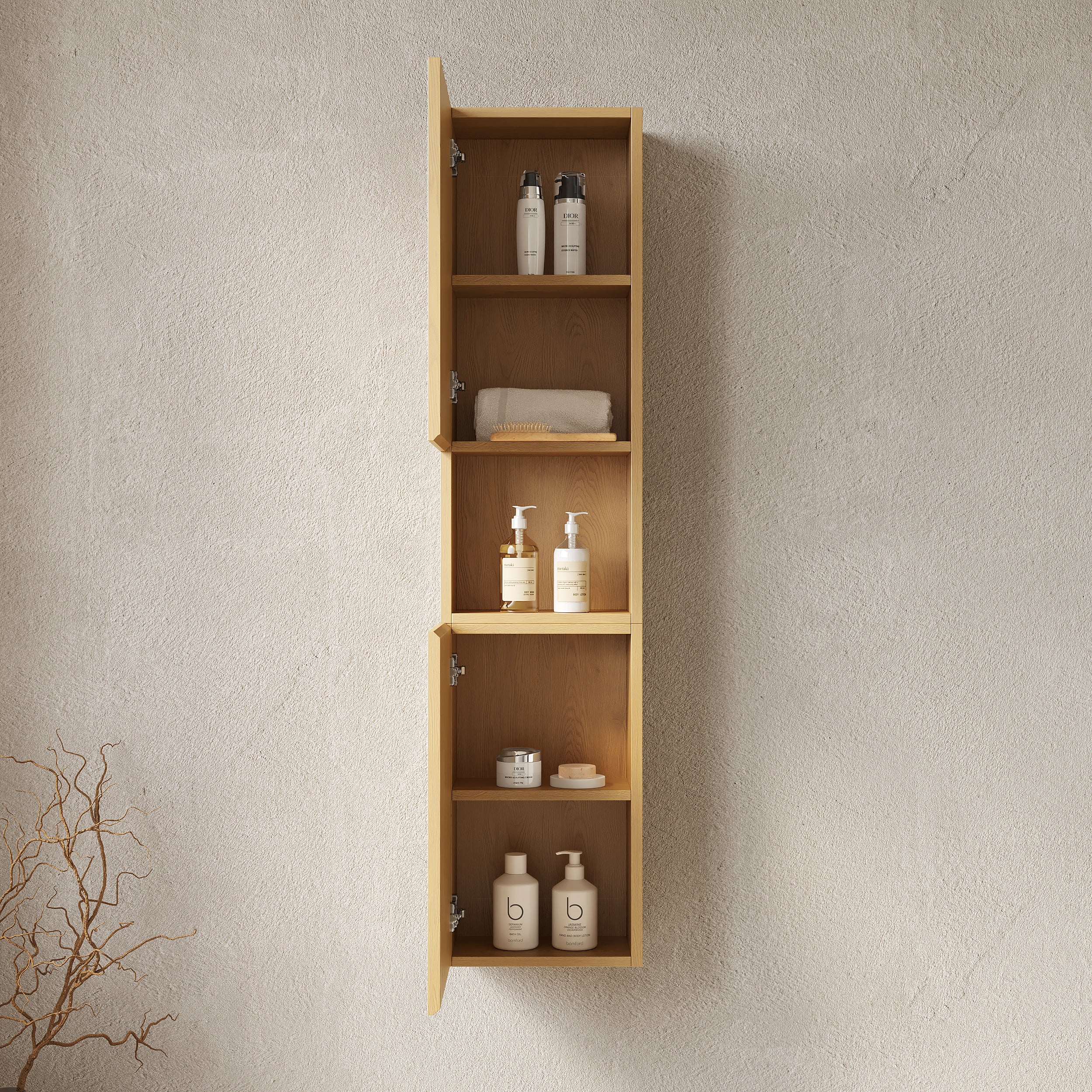 MITCH 59" Tall Bathroom Wall Mounted Cabinet, Narrow Storage Cabinet with Doors and Shelves, Suitable for Small Spaces, Applicable to Bathroom, Living Rooms and Laundry, Corolla Oak Woodgrain Color