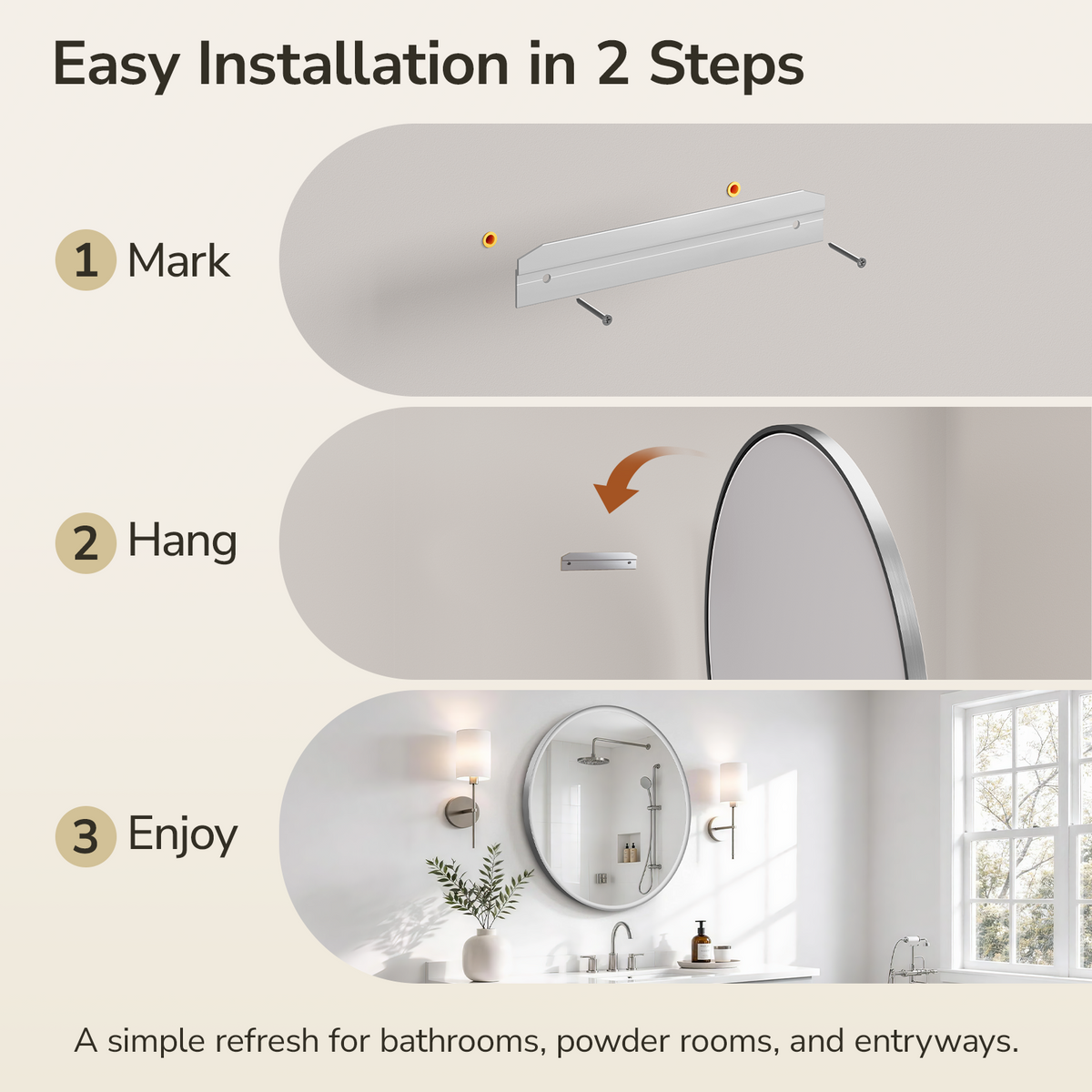 USHOWER Curva Round Bathroom Mirror 30 Inch, Brushed Nickel Circle Mirror Over Sink Vanity
