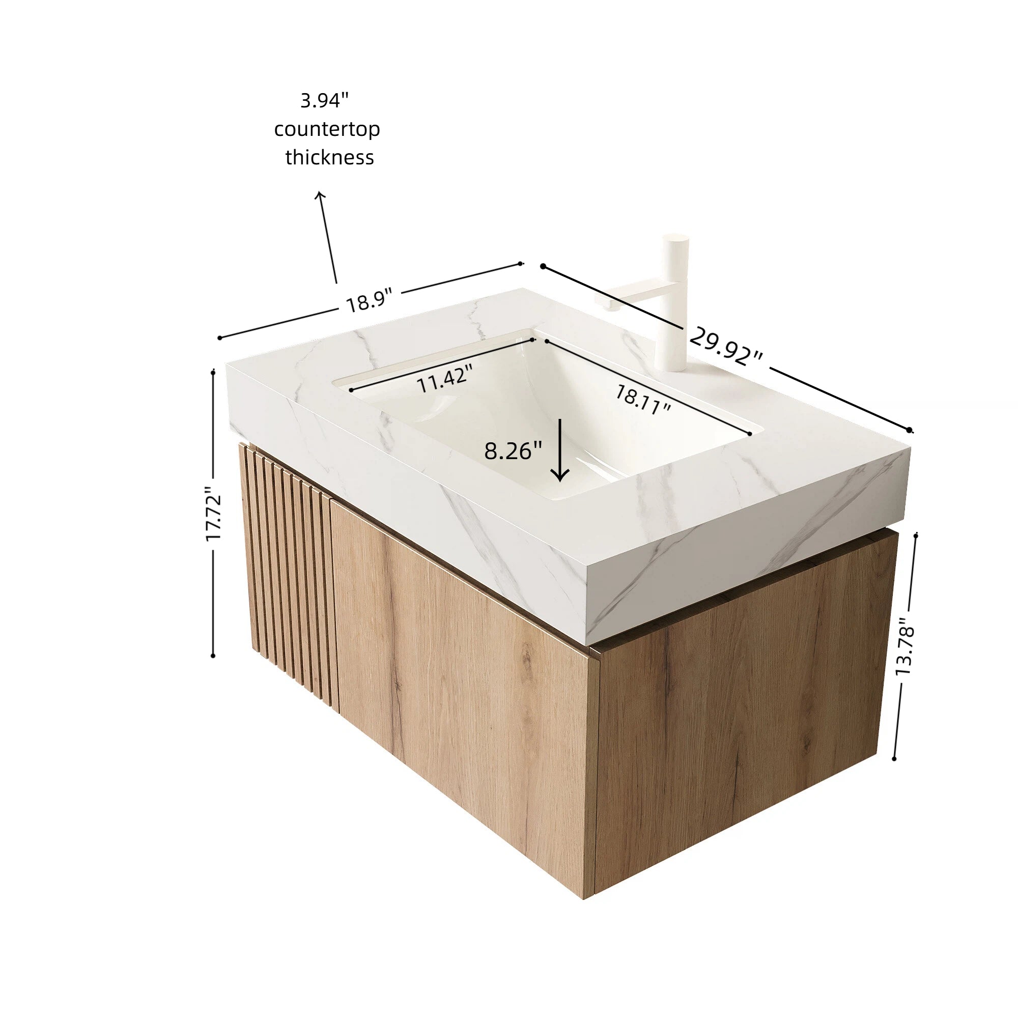 MURI 30" Wall-Mounted Bathroom Vanity with White Sintered Stone Top & Ceramic Sink, Floating Cabinet with Drawer and Door, Natural Oak Woodgrain, Pre-Assembled