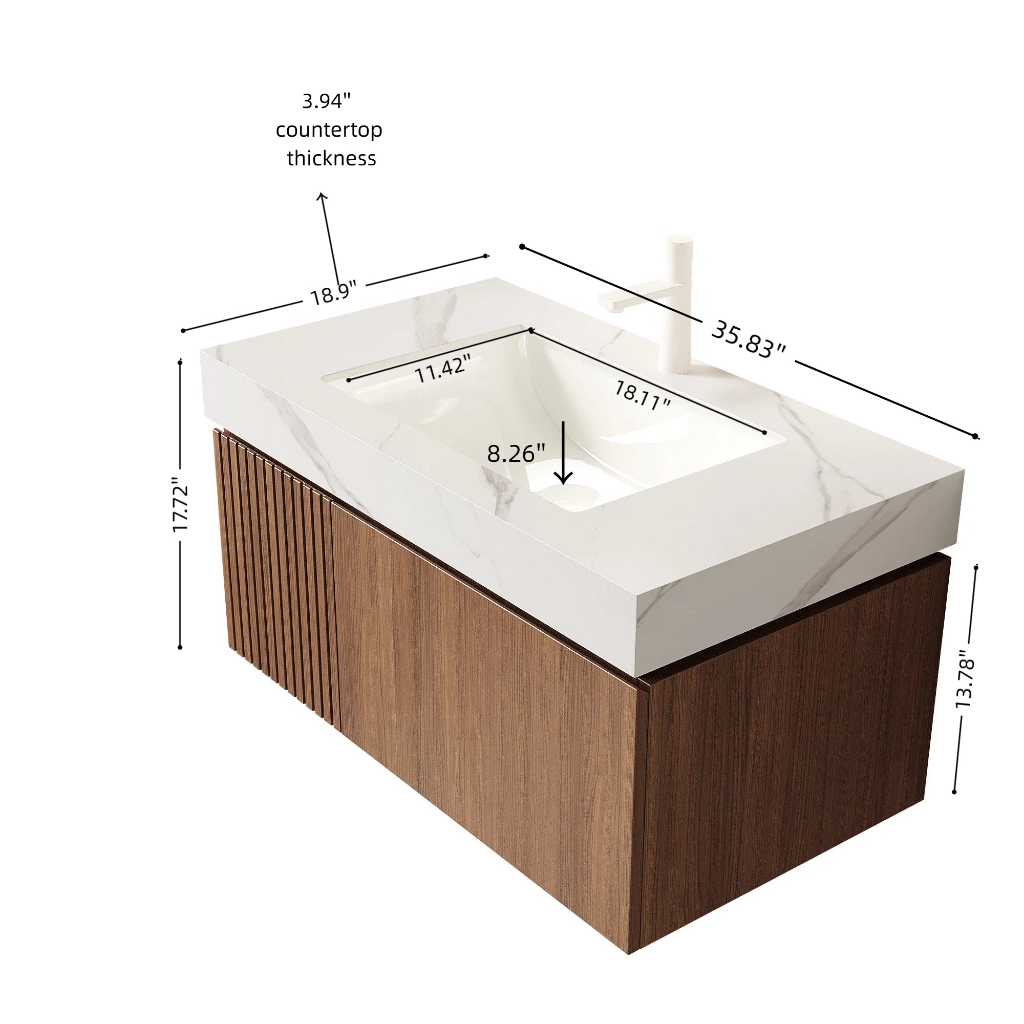 MURI 36" Wall-Mounted Bathroom Vanity with White Sintered Stone Top & Ceramic Sink, Floating Cabinet with Drawer and Door, Brown Oak Woodgrain, Pre-Assembled