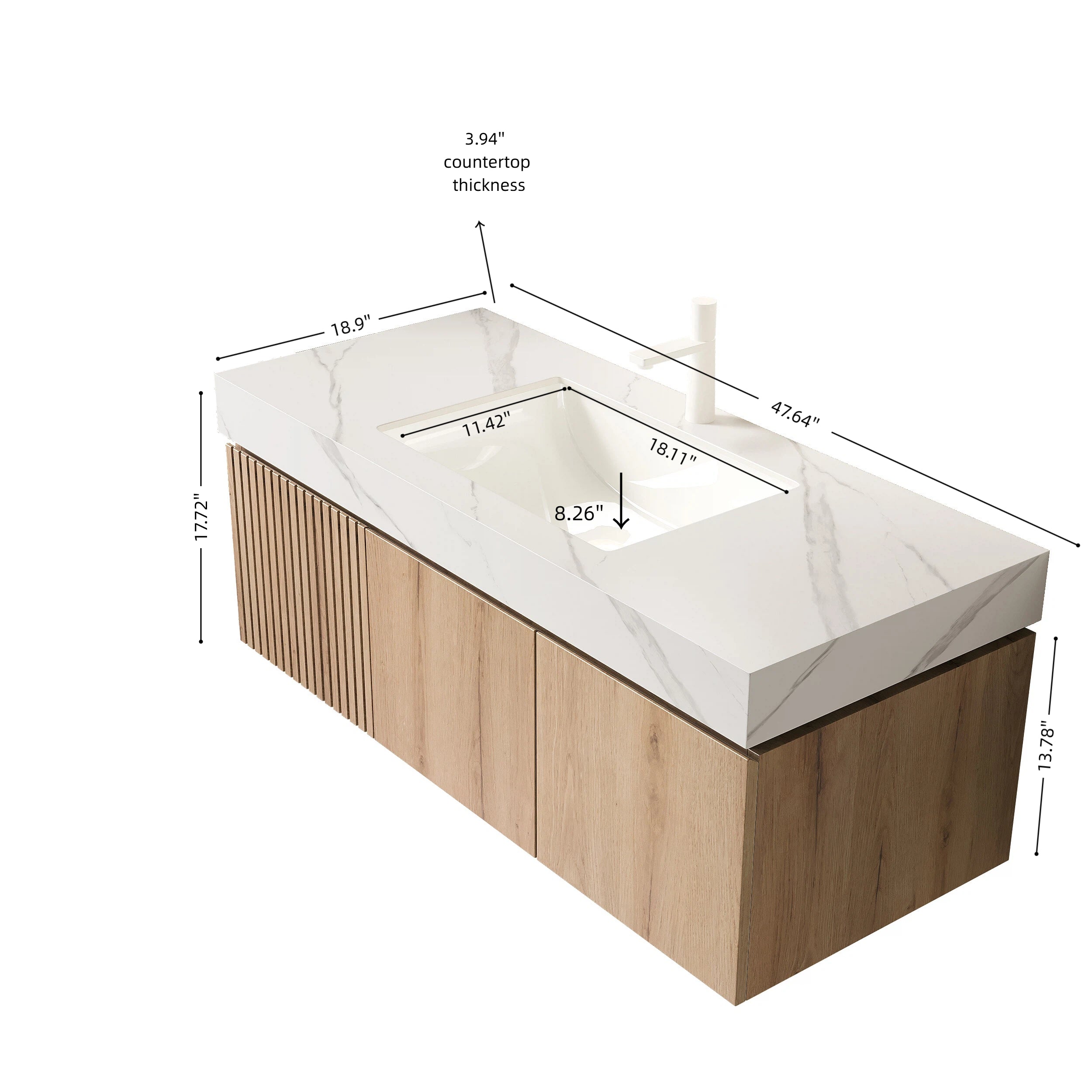MURI 48" Wall-Mounted Bathroom Vanity with White Sintered Stone Top & Ceramic Sink, Floating Cabinet with Drawer and Door, Natural Oak Woodgrain, Pre-Assembled