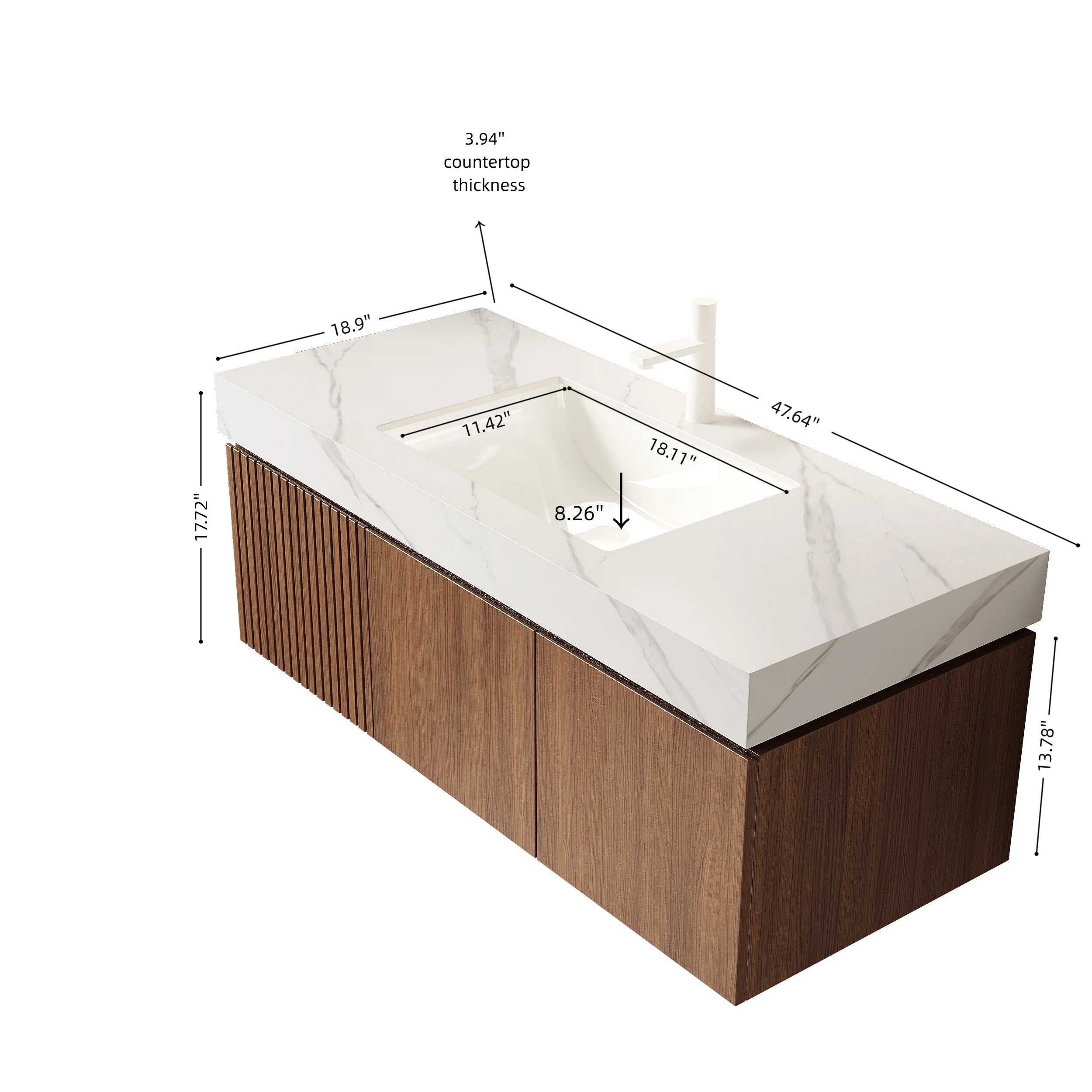 MURI 48" Wall-Mounted Bathroom Vanity with White Sintered Stone Top & Ceramic Sink, Floating Cabinet with Drawer and Door, Brown Oak Woodgrain, Pre-Assembled