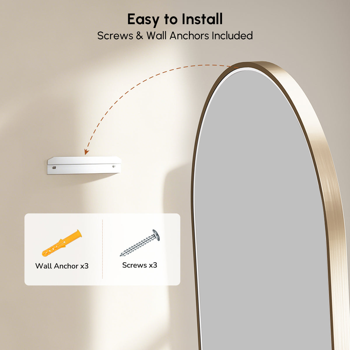 USHOWER Curva Brushed Gold Arched Mirror 24x36 Inch, Arched Bathroom Mirror