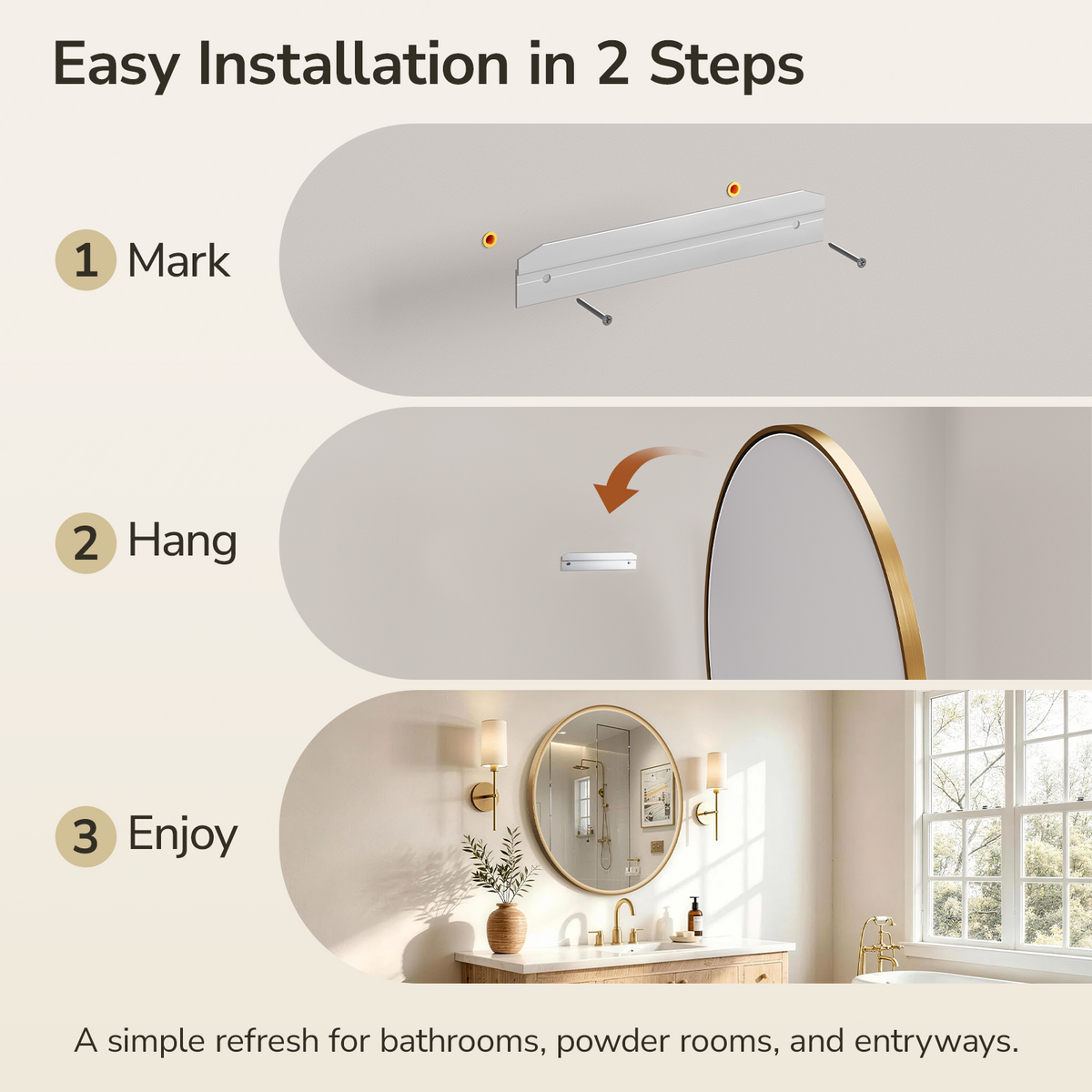 USHOWER Curva Round Bathroom Mirror 30 Inch, Brushed Gold Circle Mirror Over Sink Vanity