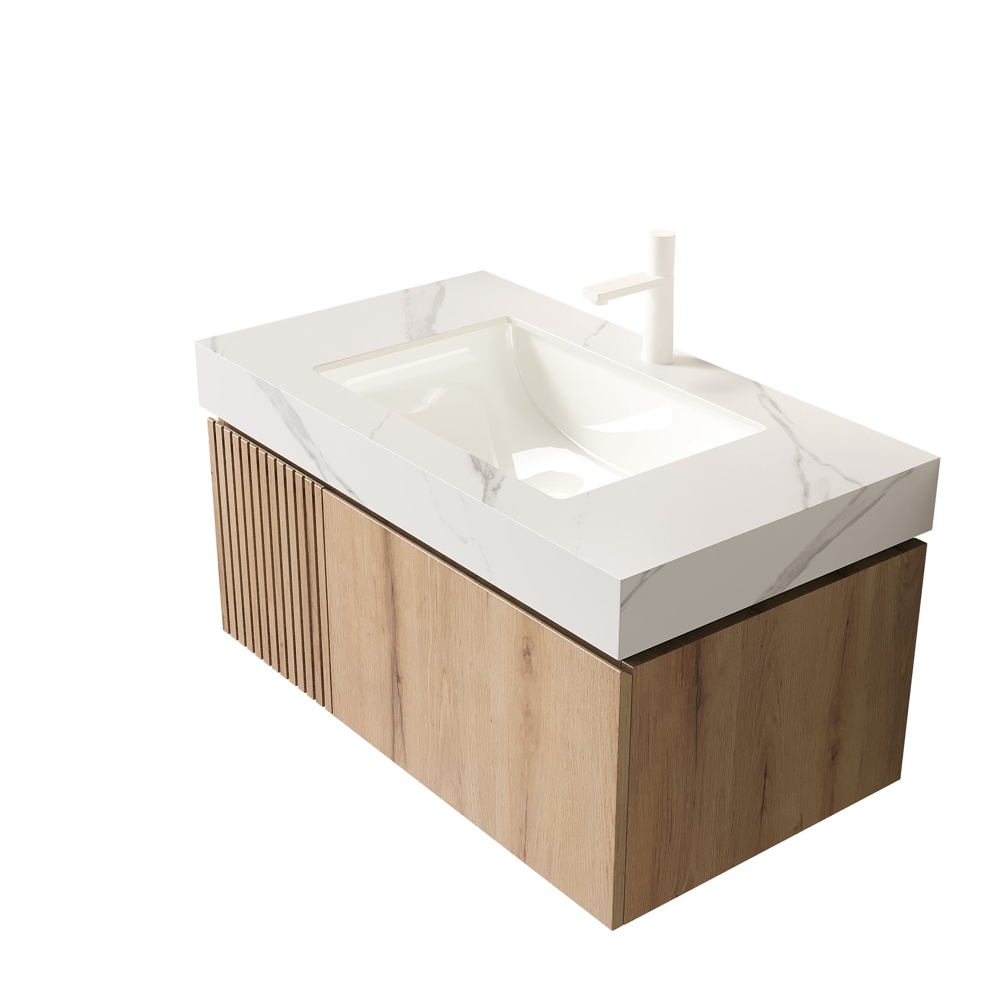 MURI 36" Wall-Mounted Bathroom Vanity with White Sintered Stone Top & Ceramic Sink, Floating Cabinet with Drawer and Door, Natural Oak Woodgrain, Pre-Assembled