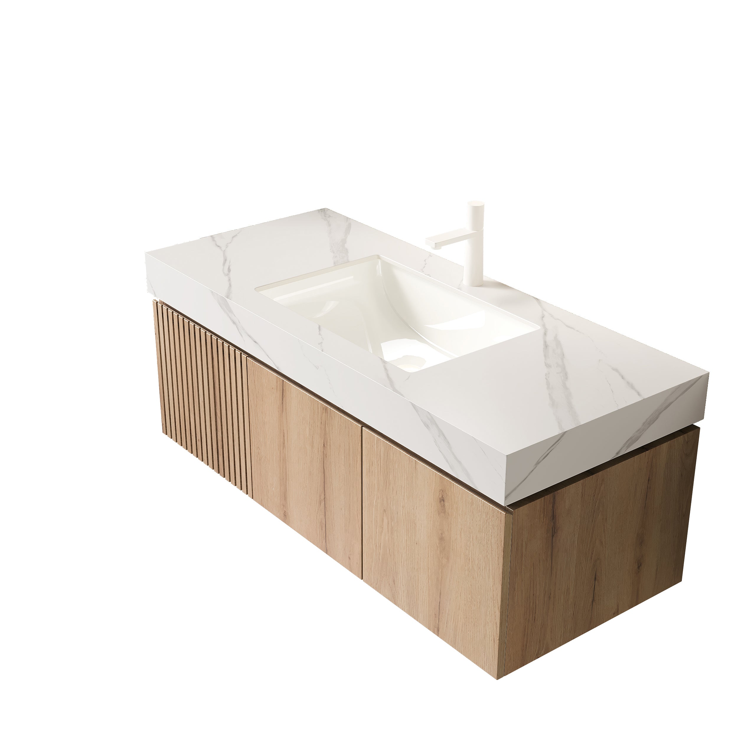 MURI 48" Wall-Mounted Bathroom Vanity with White Sintered Stone Top & Ceramic Sink, Floating Cabinet with Drawer and Door, Natural Oak Woodgrain, Pre-Assembled