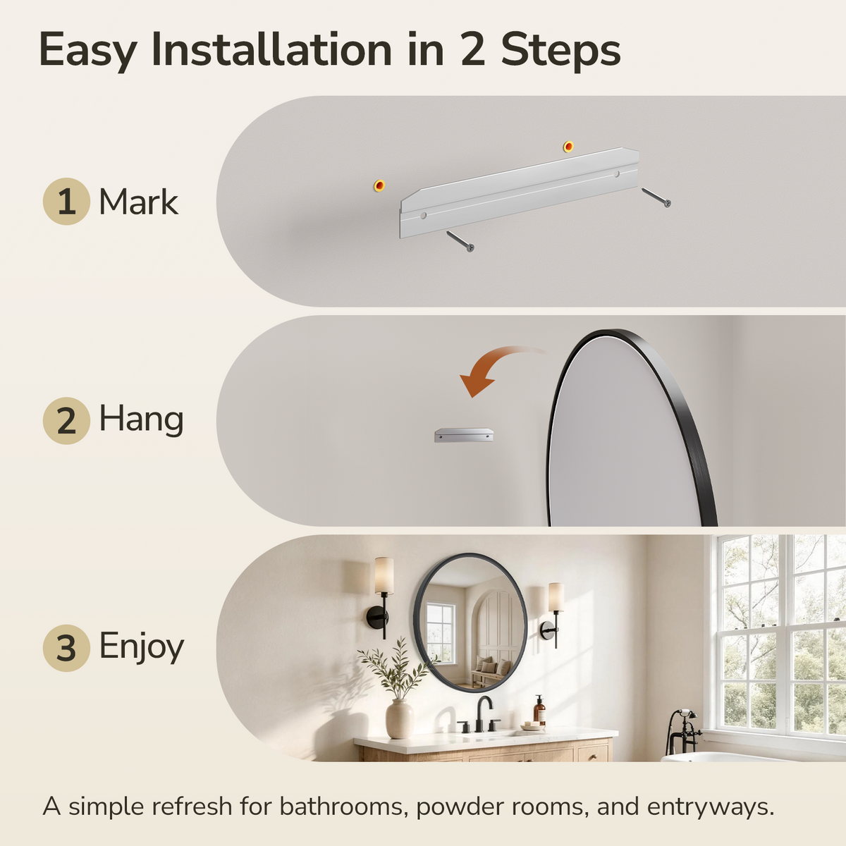 USHOWER Curva Round Bathroom Mirror 30 Inch, Black Circle Mirror Over Sink Vanity