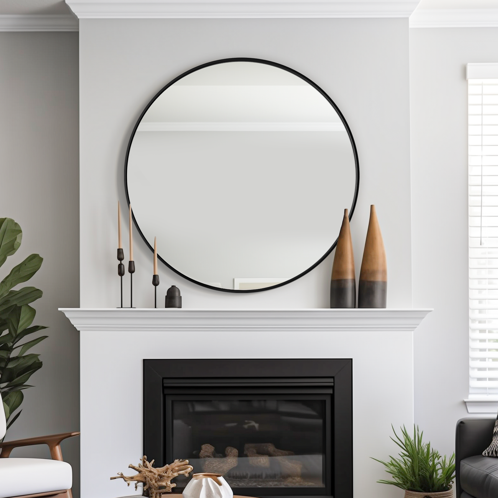 USHOWER Nwar Series – 42'' Black Round Bathroom Mirror