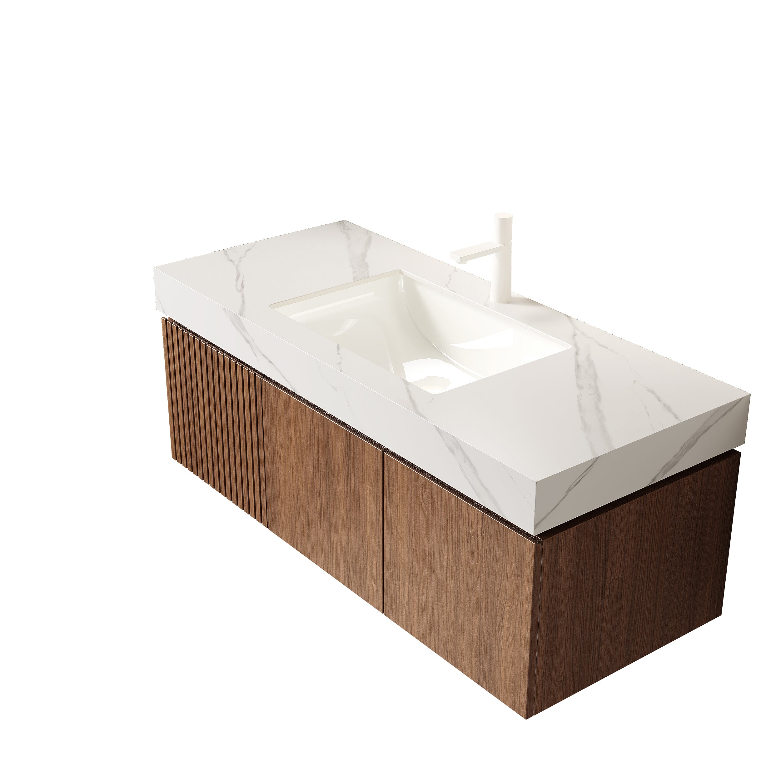MURI 48" Wall-Mounted Bathroom Vanity with White Sintered Stone Top & Ceramic Sink, Floating Cabinet with Drawer and Door, Brown Oak Woodgrain, Pre-Assembled