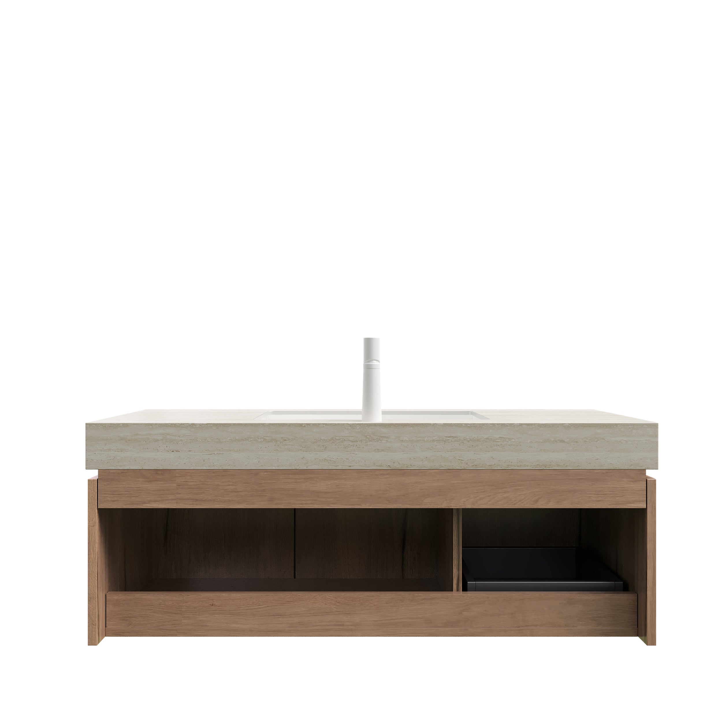 MURI 48" Wall-Mounted Bathroom Vanity with Travertine-Pattern Sintered Stone Top & Ceramic Sink, Floating Cabinet with Drawer and Door, Natural Oak Woodgrain, Pre-Assembled