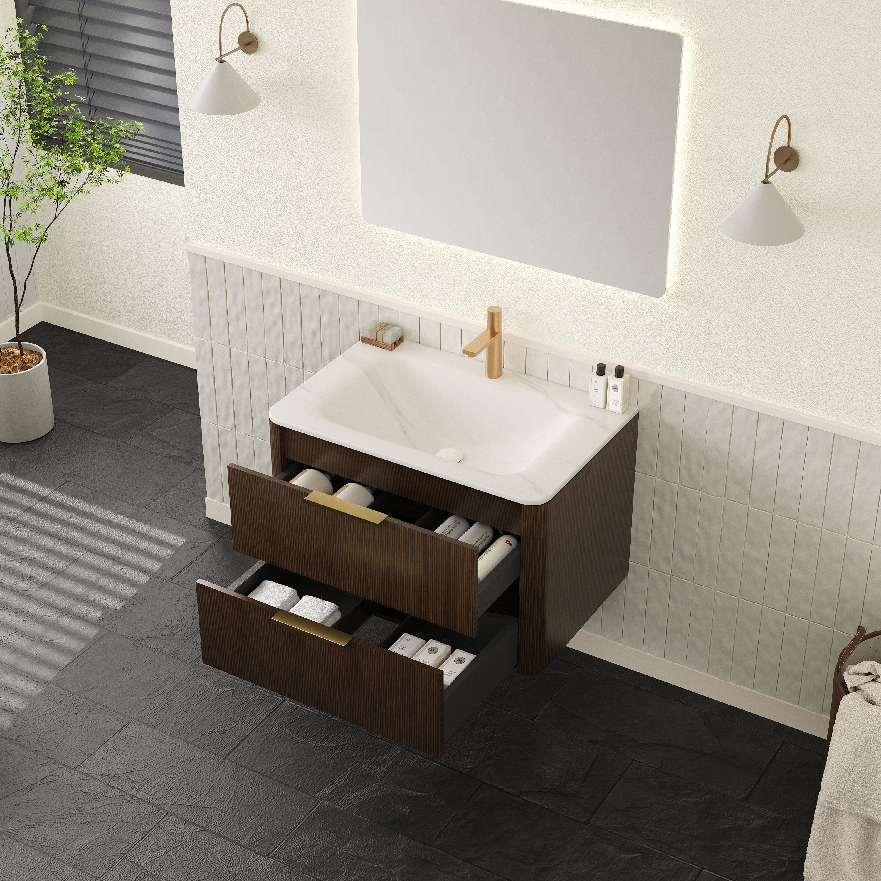 ZANE 30'' Bathroom Vanity with Sink, Floating Ultra-Pinstriped Plywood Storage Cabinet with Drawers, Carrara White Sintered Stone Hot-bent Integrated Basin, Pre-assembled, Italy Walnut Woodgrain Color
