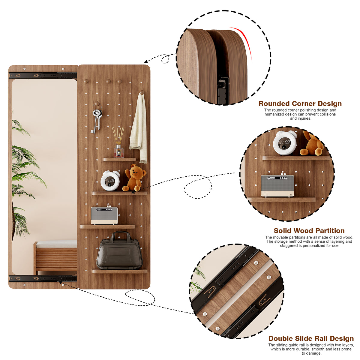 Walnut Wall-Mounted Full-Length Mirror, 47.6 x 15.7 Inch Sliding Space-Saving Mirror with Multi-Functional Panel for Bedroom, Living Room & Entryway