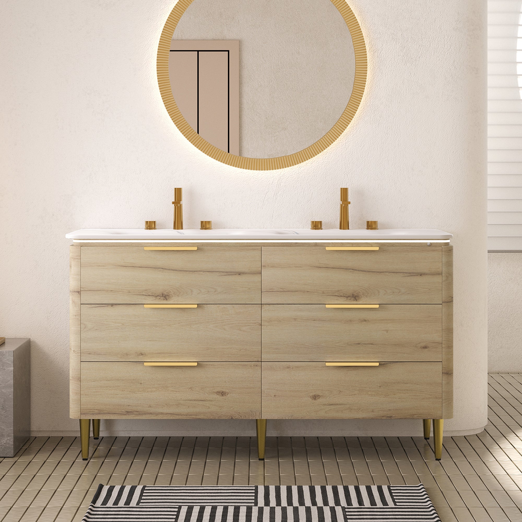 AMARA 60'' Bathroom Vanity&Sinks, Freestanding Curved Edges Plywood Bathroom Storage Cabinet with 6 Drawers, Carrara White Sintered Stone Integrated Basin, Pre-assembled, White Oak Woodgrain Color