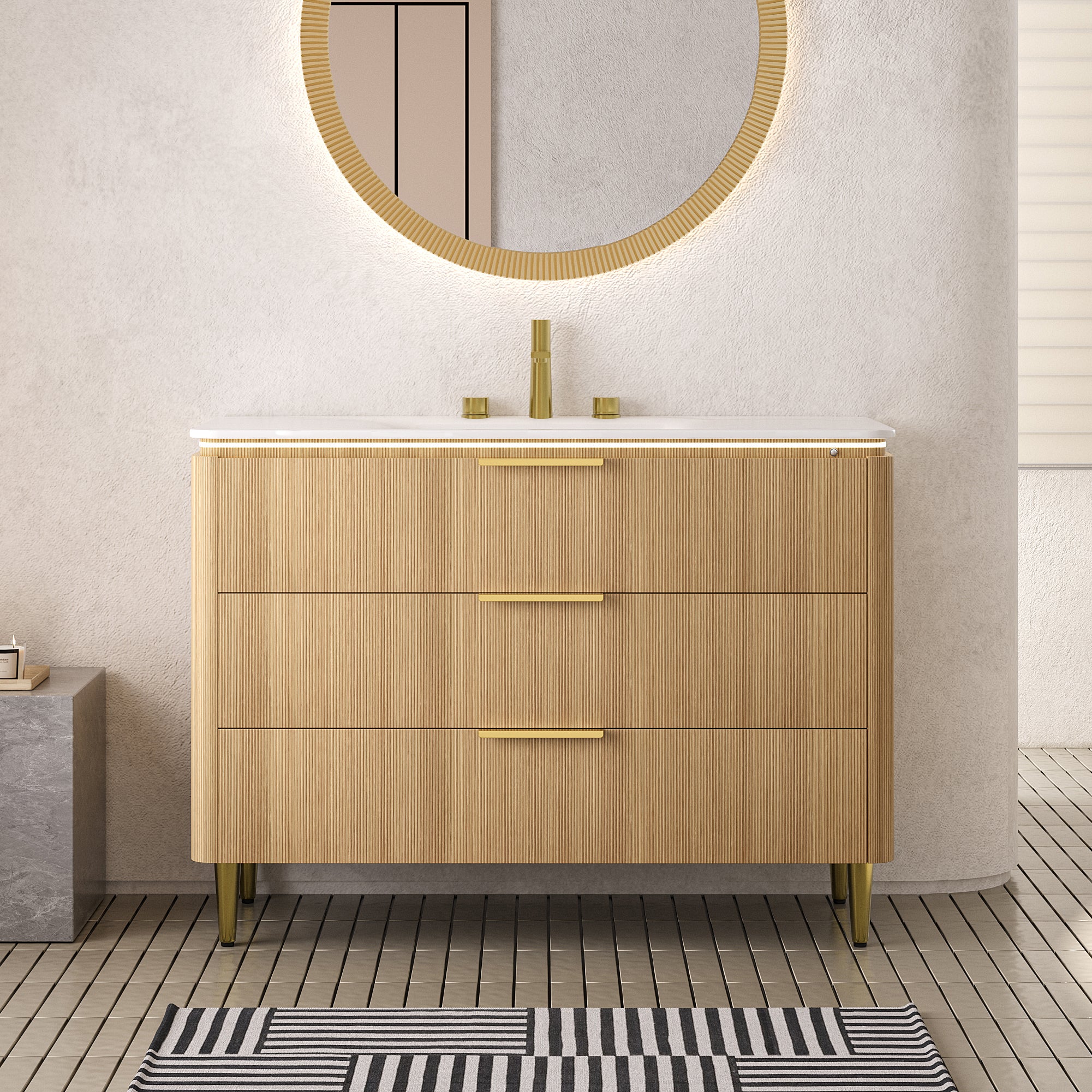 AMARA 48'' Bathroom Vanity&Sink, Freestanding Curved Edges Ultra-Slim Grille Plywood Storage Cabinet, 3 Drawers, Carrara White Sintered Stone Integrated Basin, Pre-assembled, Light Oak Woodgrain Color