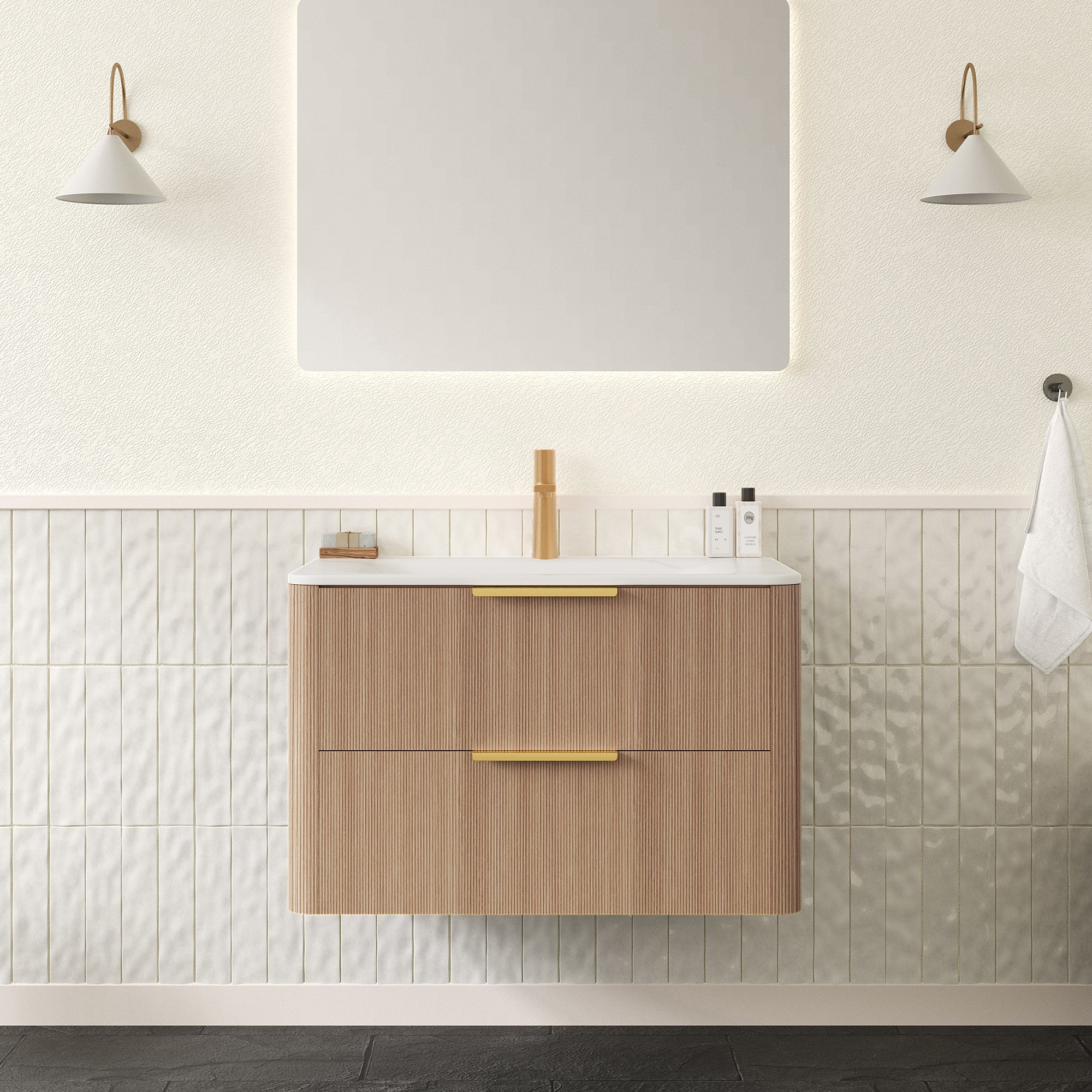 ZANE 30" Bathroom Vanity with Sink, Floating Ultra-Pinstriped Plywood Storage Cabinet with Drawers, Carrara White Sintered Stone Hot-bent Integrated Basin, Pre-assembled, Light Natural Woodgrain Color