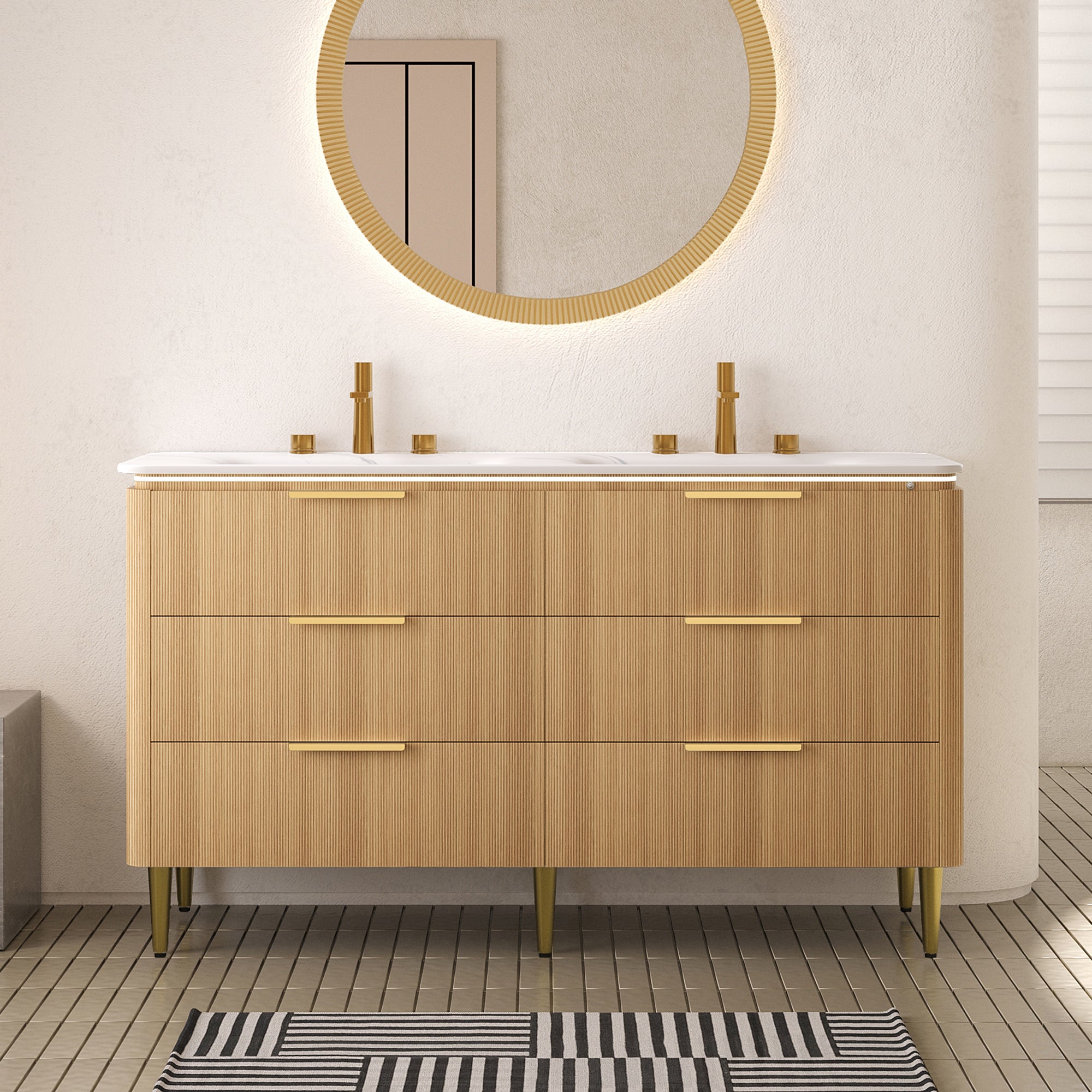AMARA 60'' Bathroom Vanity&Sinks, Freestanding Curved Edges Ultra-Slim Grille Plywood Storage Cabinet, 6 Drawers, 2 Carrara White Sintered Stone Basins, Pre-assembled, Light Oak Woodgrain Color