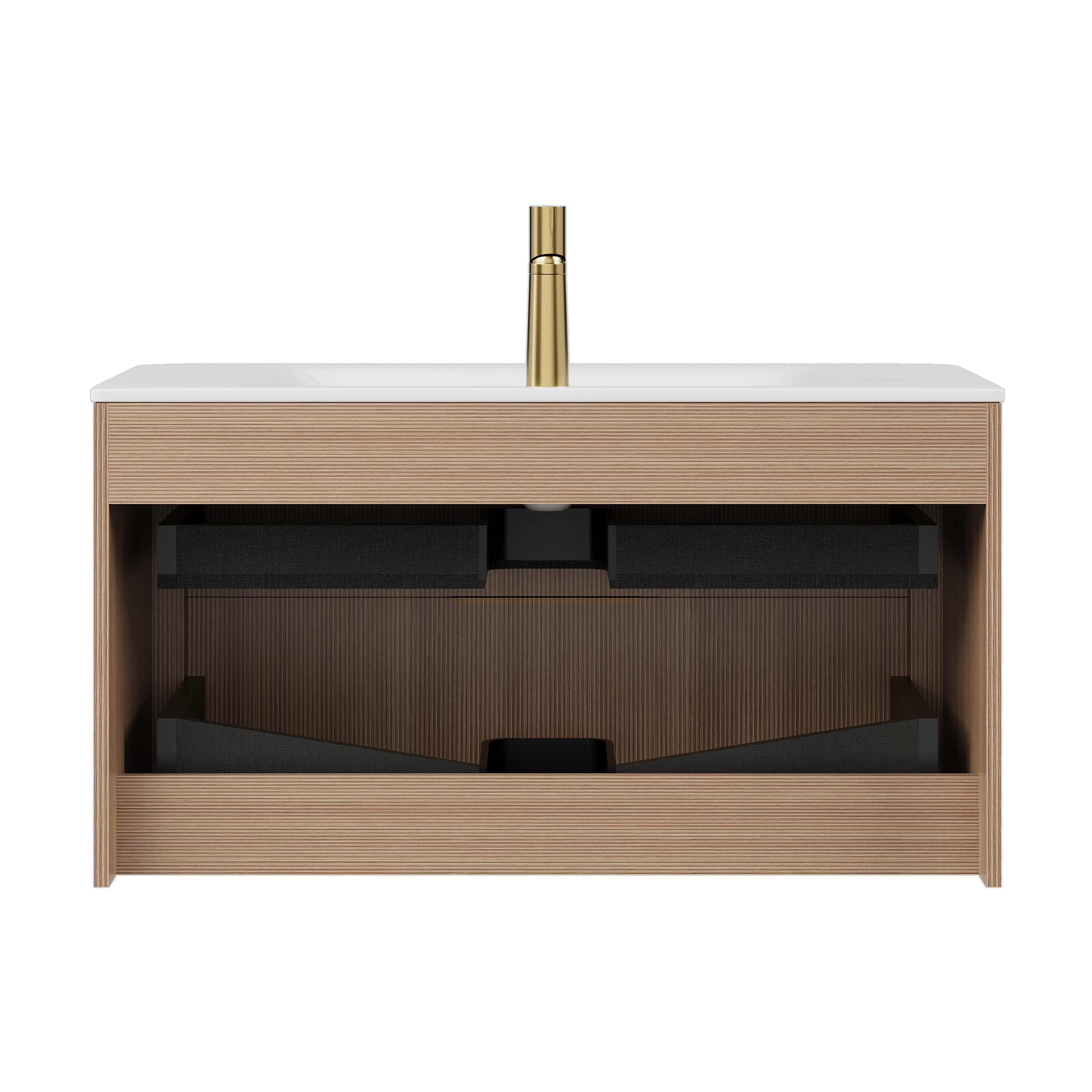 ZANE 36" Bathroom Vanity with Sink, Floating Ultra-Pinstriped Plywood Storage Cabinet with Drawers, Carrara White Sintered Stone Hot-bent Integrated Basin, Pre-assembled, Light Natural Woodgrain Color