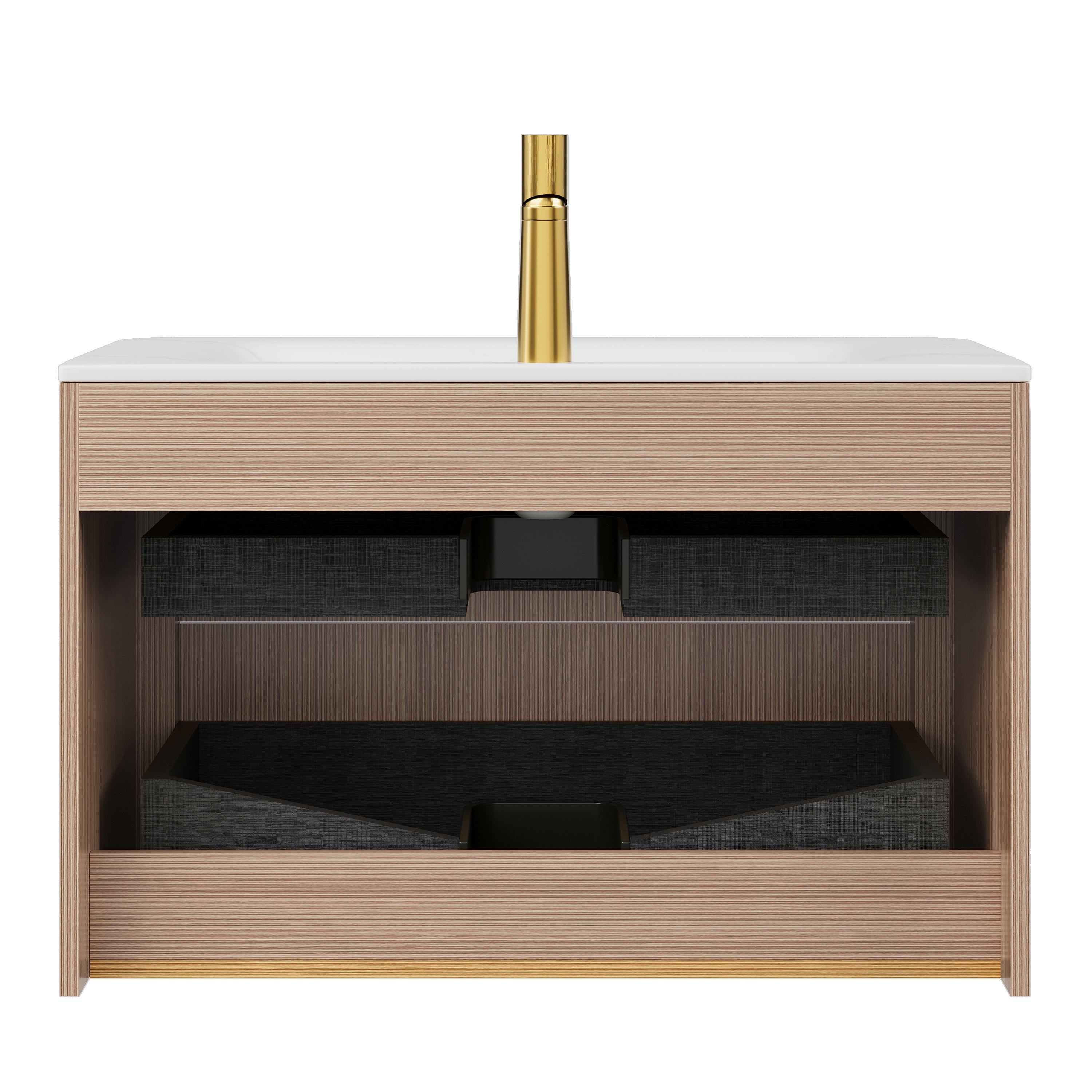 ZANE 30" Bathroom Vanity with Sink, Floating Ultra-Pinstriped Plywood Storage Cabinet with Drawers, Carrara White Sintered Stone Hot-bent Integrated Basin, Pre-assembled, Light Natural Woodgrain Color