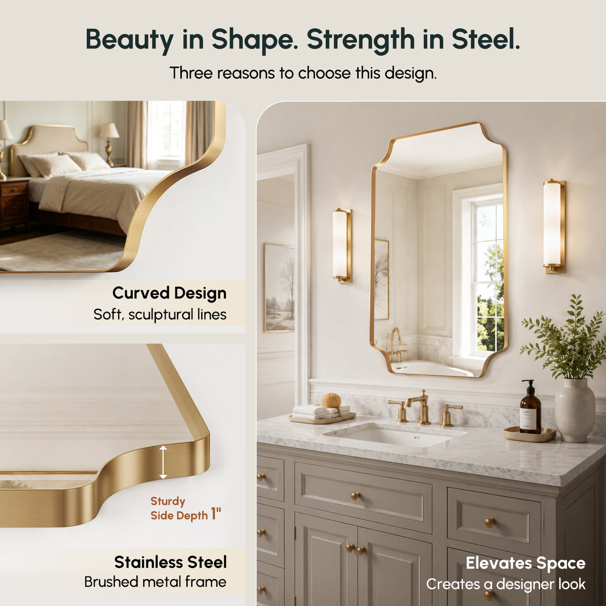 Stainless Steel Frame Gold Scalloped Bathroom Mirror – 24" x 32"