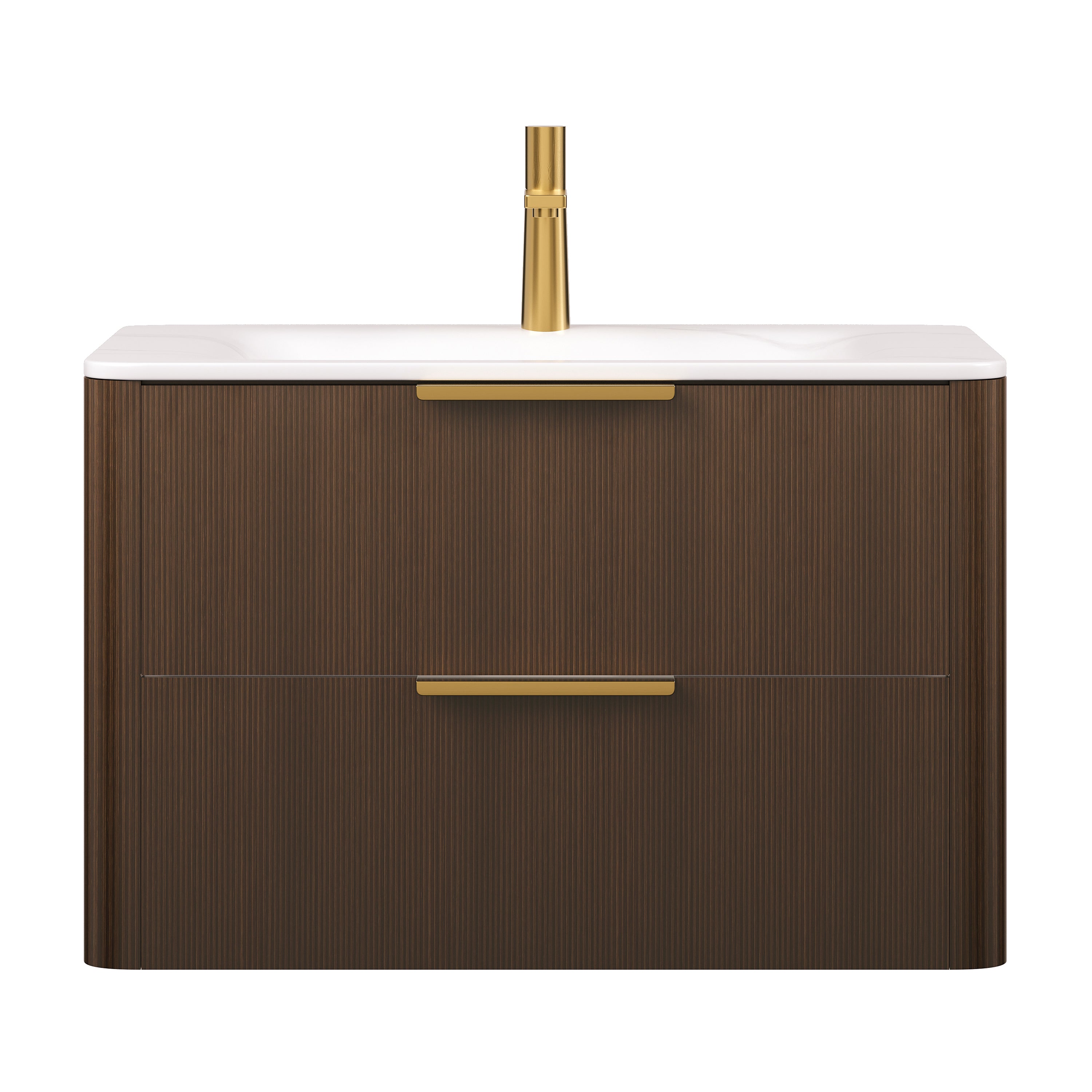 ZANE 30'' Bathroom Vanity with Sink, Floating Ultra-Pinstriped Plywood Storage Cabinet with Drawers, Carrara White Sintered Stone Hot-bent Integrated Basin, Pre-assembled, Italy Walnut Woodgrain Color
