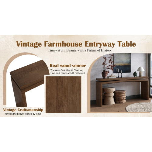 65-Inch Rustic Solid Wood Veneer Console Table, Farmhouse Sofa Table for Entryway, Living Room, Hallway & Behind Couch, Antique Rustic Brown