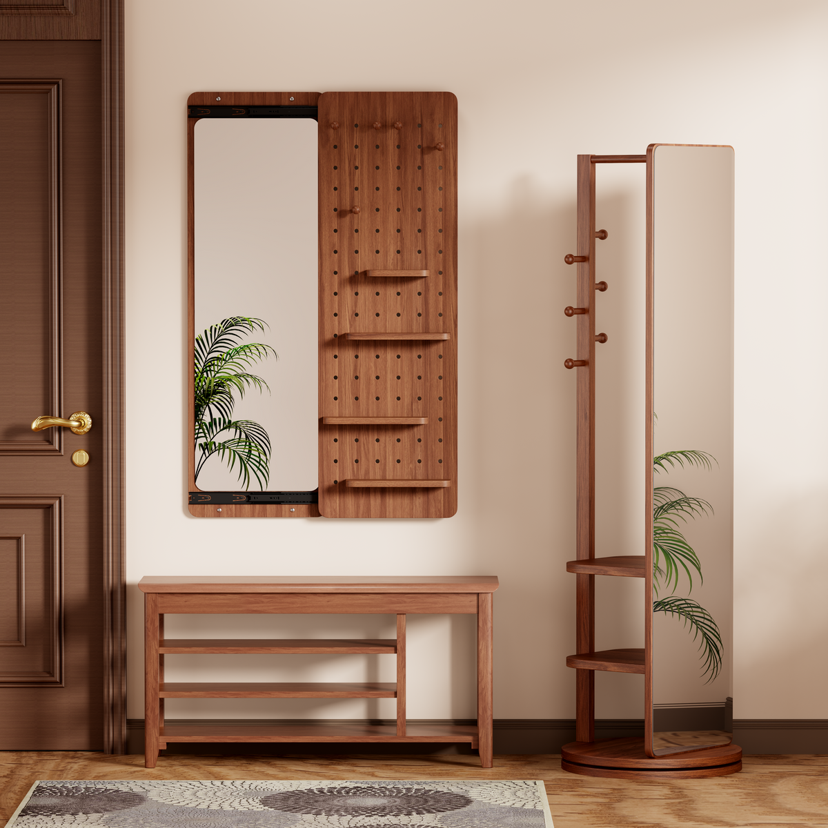 Walnut Wall-Mounted Full-Length Mirror, 47.6 x 15.7 Inch Sliding Space-Saving Mirror with Multi-Functional Panel for Bedroom, Living Room & Entryway