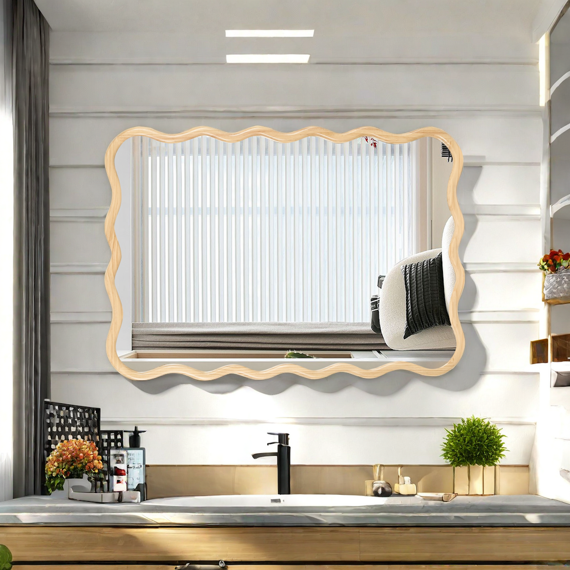 Wavy Rectangular Natural Wood Beige Wall Mirror, Solid Wood, 28'' x 39.8''