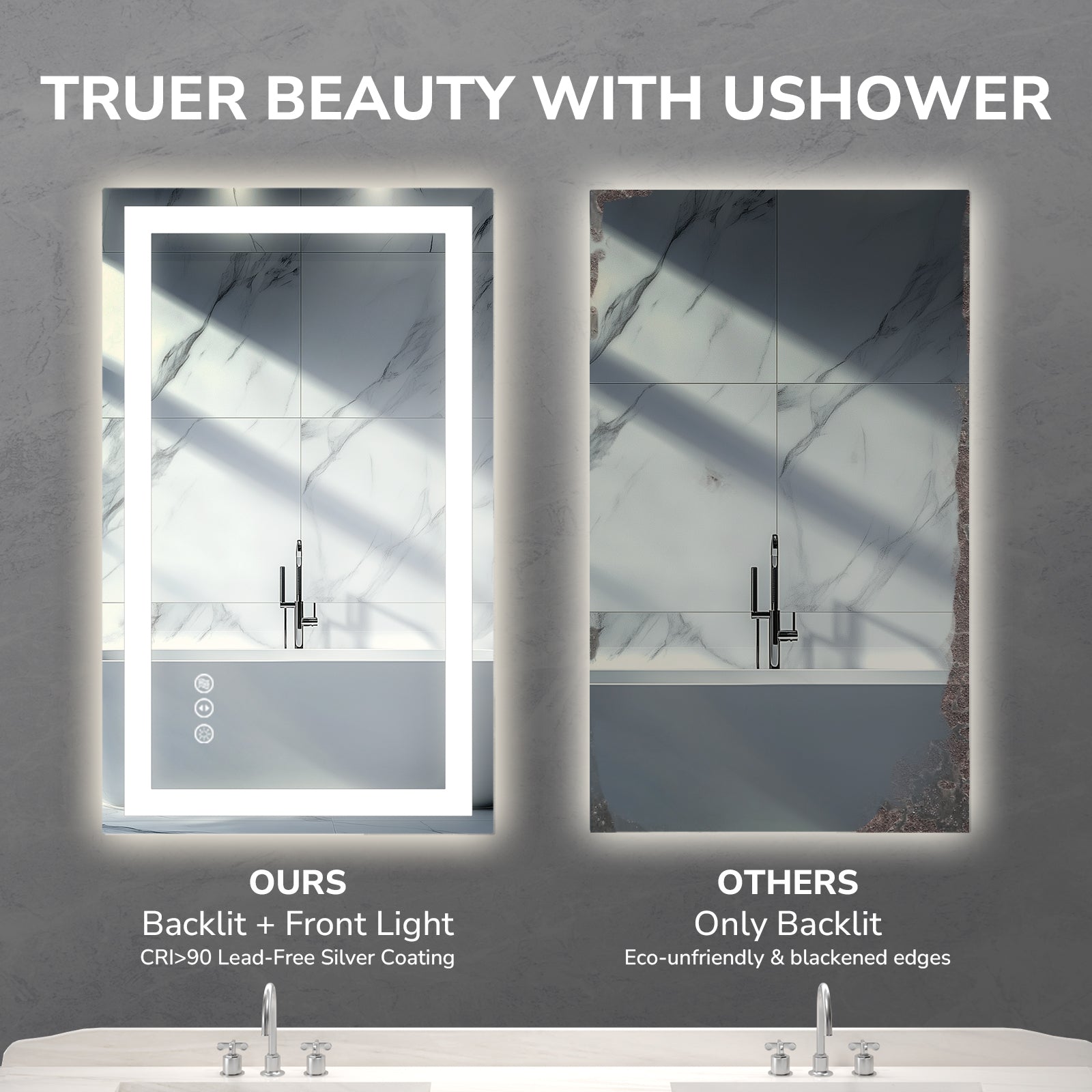 USHOWER Klara Series – 55'' x 30'' Rectangular LED Bathroom Mirror
