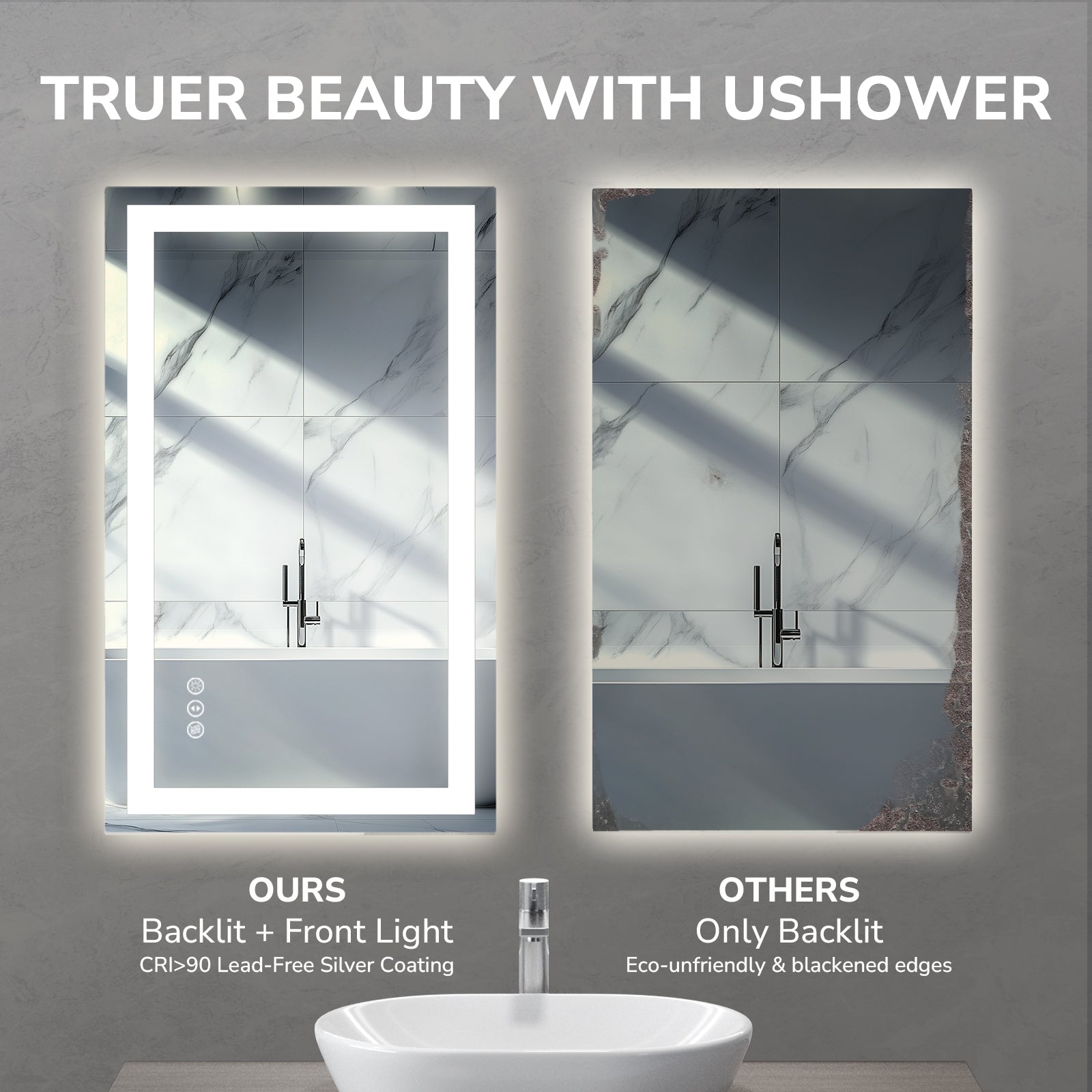 USHOWER Klara Series – 24'' x 36'' Rectangular LED Bathroom Mirror