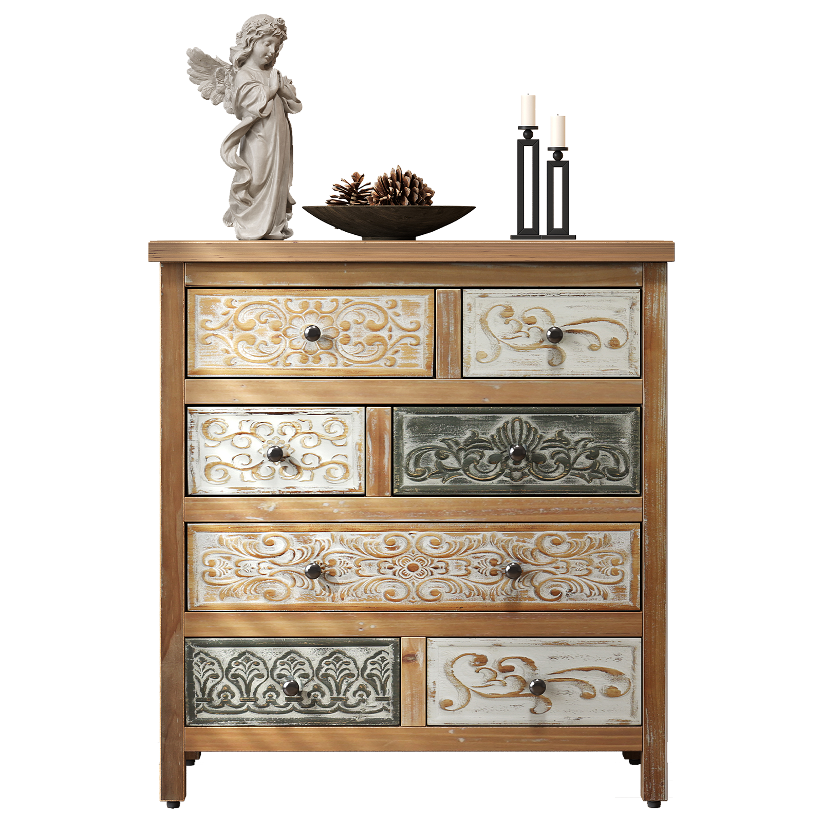 Vintage Wooden Accent Chest with 6 Drawers – Rustic Carved Storage Cabinet with Multicolor Finish for Bedroom & Living Room Decor