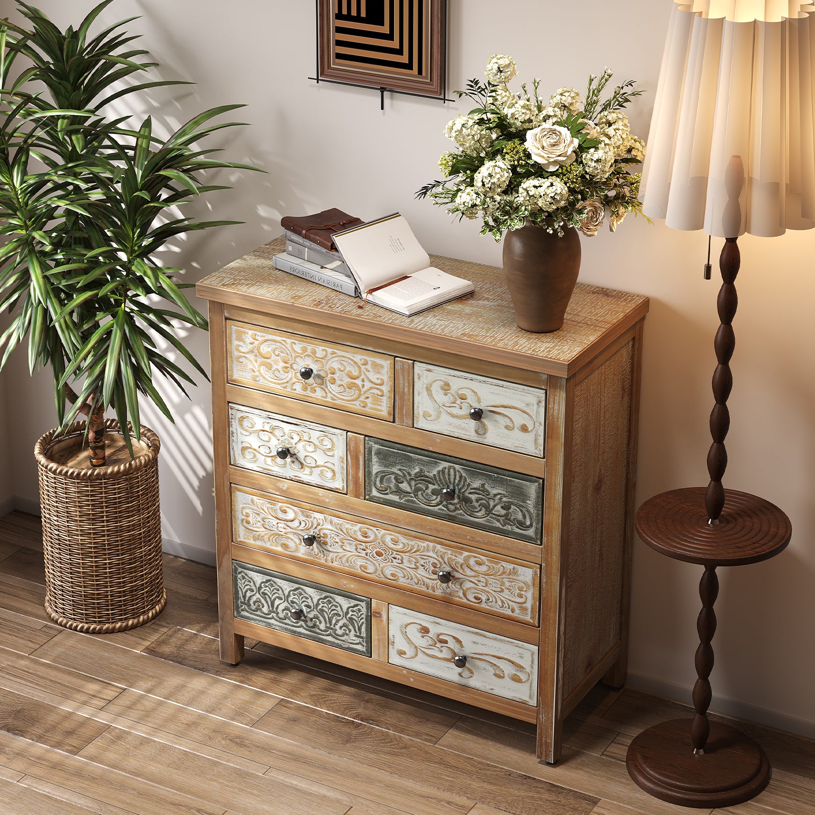 Vintage Wooden Accent Chest with 6 Drawers – Rustic Carved Storage Cabinet with Multicolor Finish for Bedroom & Living Room Decor