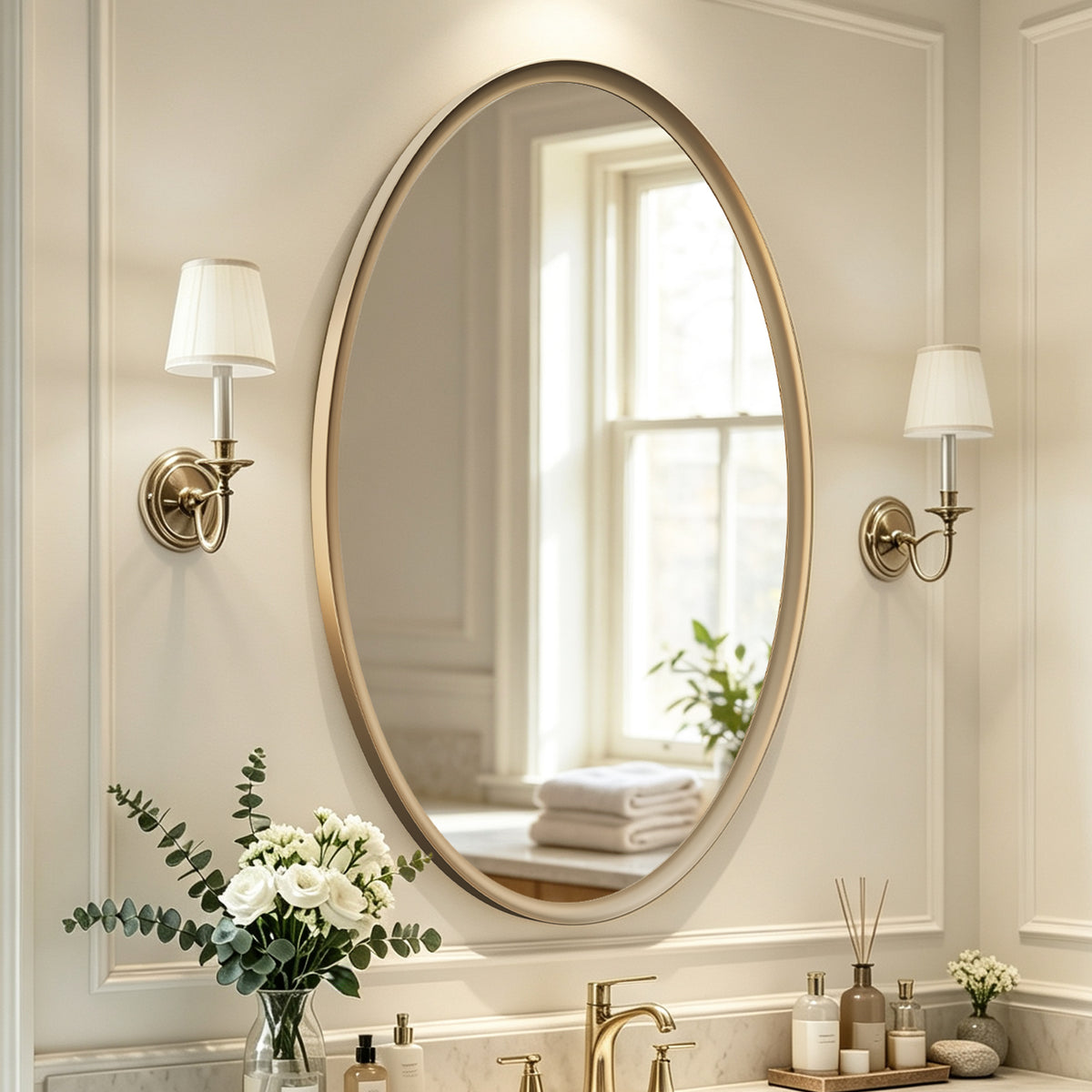 USHOWER Curva Brushed Gold Oval Bathroom Mirror, 24x36 Inch Oval Mirror