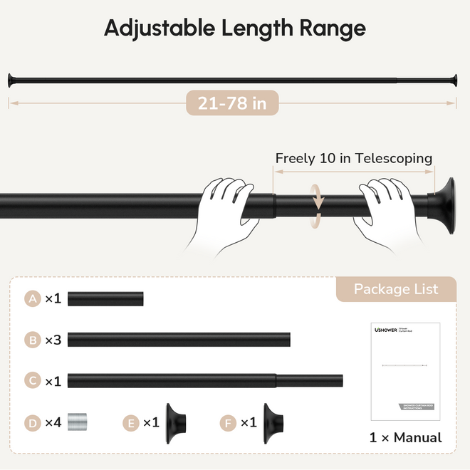 USHOWER Matuko Series – Matte Black Shower Curtain Rod Easy to Adjust Length from 21 to 78 Coming with User Manual
