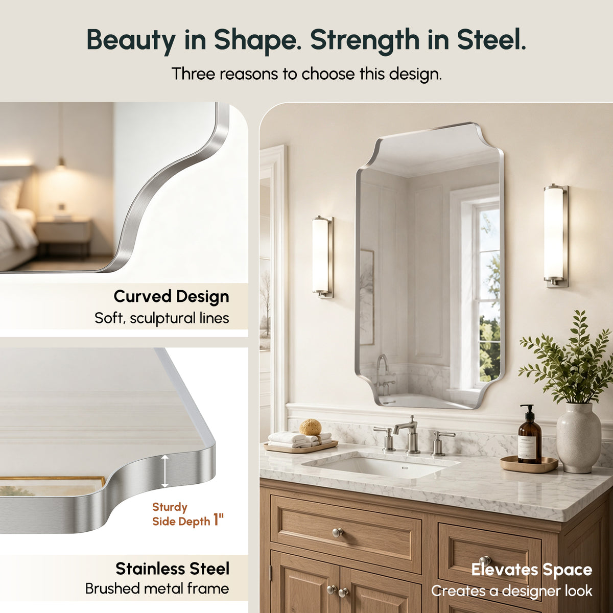 Stainless Steel Frame Silver Scalloped Bathroom Mirror – 24" x 36"