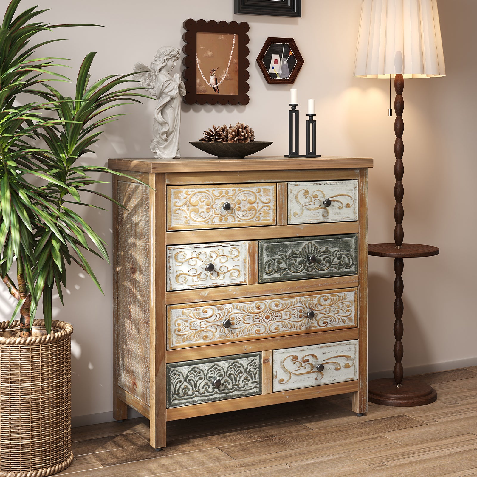 Vintage Wooden Accent Chest with 6 Drawers – Rustic Carved Storage Cabinet with Multicolor Finish for Bedroom & Living Room Decor