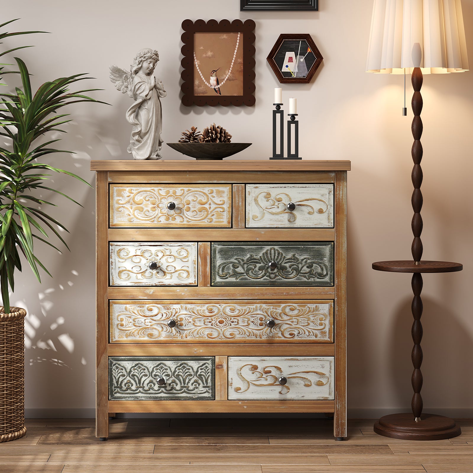 Vintage Wooden Accent Chest with 6 Drawers – Rustic Carved Storage Cabinet with Multicolor Finish for Bedroom & Living Room Decor