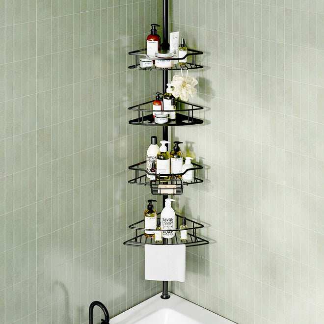 USHOWER Stokado Corner Shower Caddy Tension Pole Matte Black in Bathtub Corner Holding Shampoo, Soap, and Toiletries