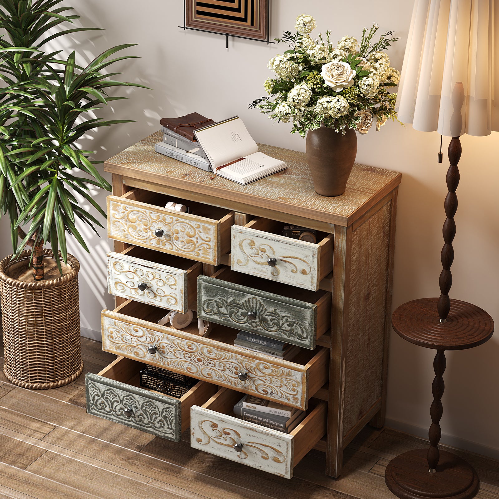 Vintage Wooden Accent Chest with 6 Drawers – Rustic Carved Storage Cabinet with Multicolor Finish for Bedroom & Living Room Decor