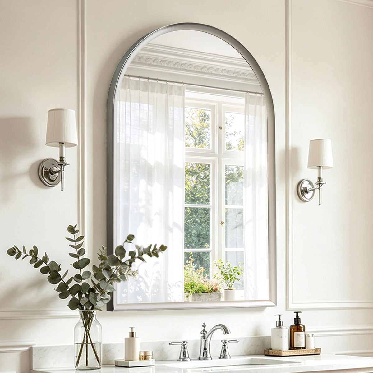 USHOWER Curva Brushed Nickel Arched Mirror 24x36 Inch, Arched Bathroom Mirror