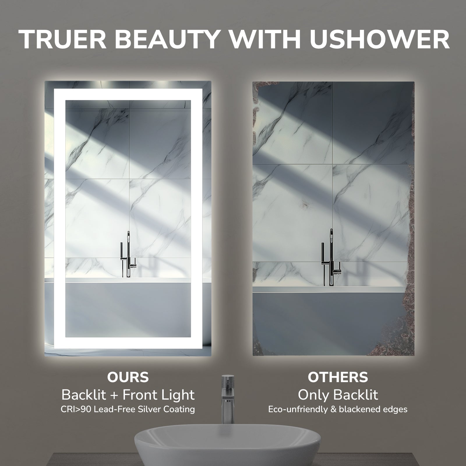 USHOWER Klara Series – 28'' x 36'' Rectangular LED Bathroom Mirror