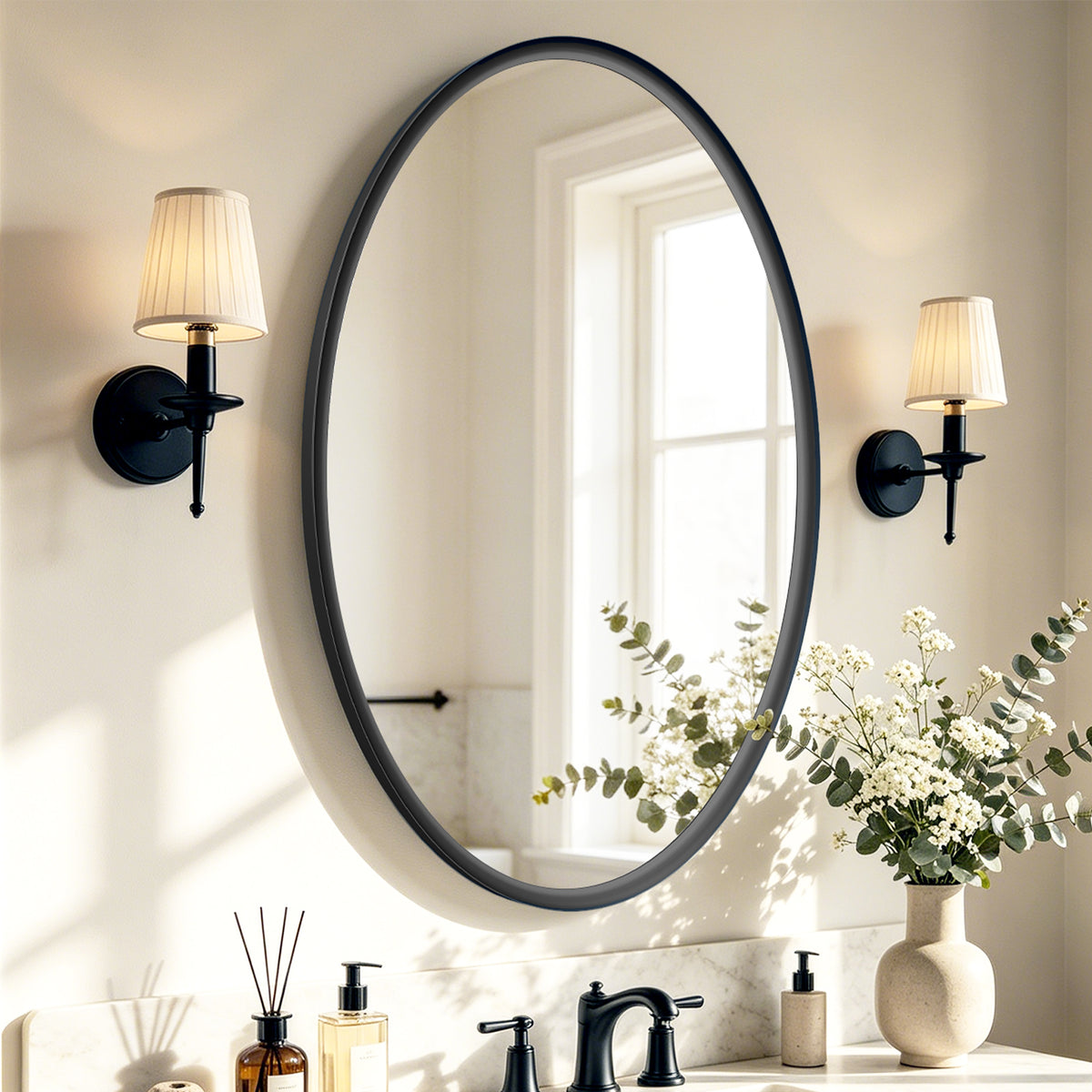 USHOWER Curva Black Oval Bathroom Mirror, 24x36 Inch Oval Mirror