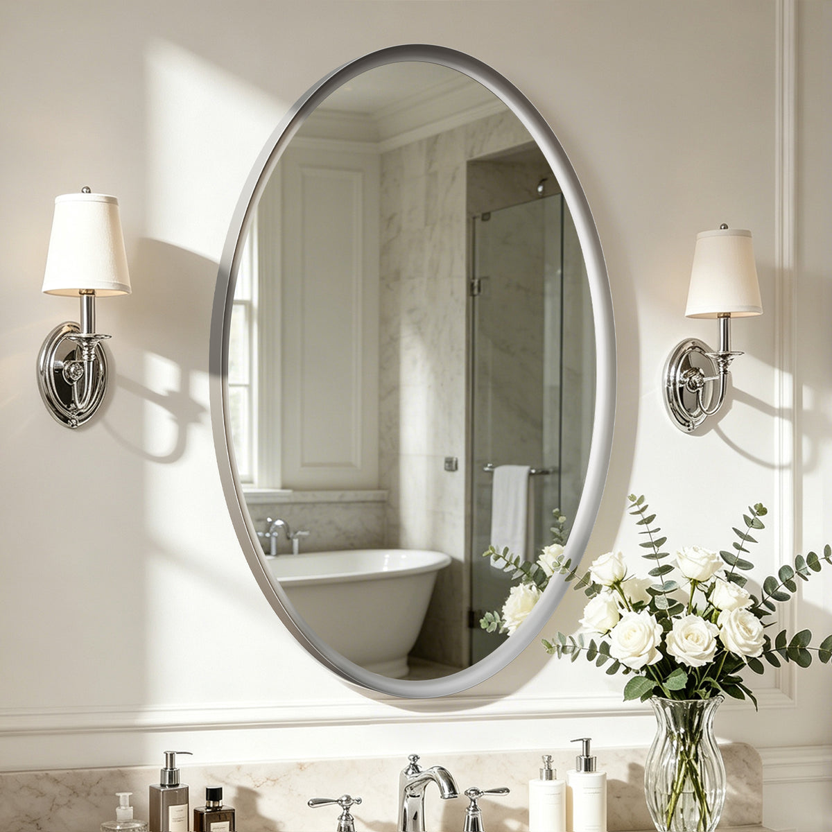 USHOWER Curva Brushed Nickel Oval Bathroom Mirror, 24x36 Inch Oval Mirror
